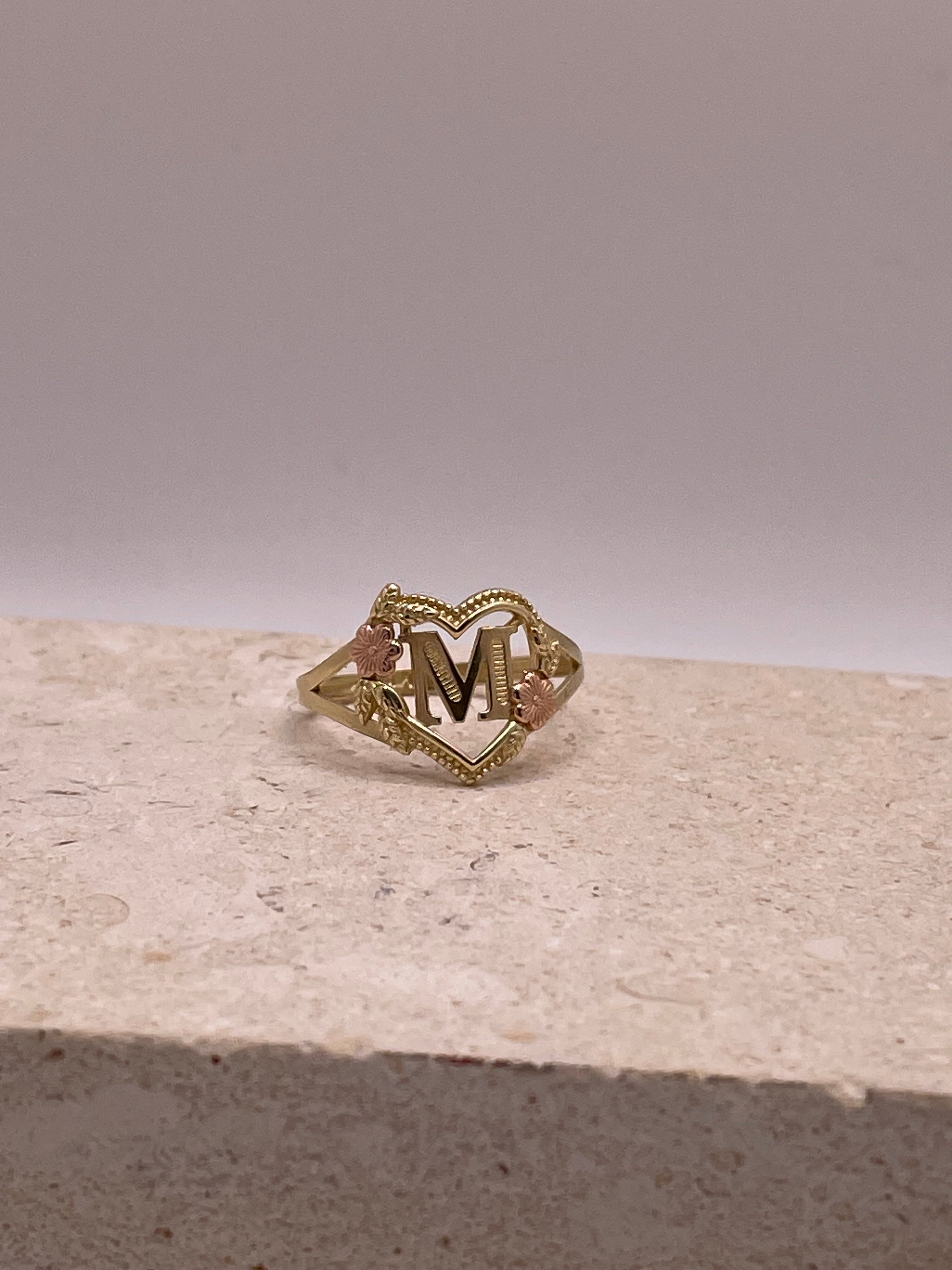 14k gold heart initial ring a-z