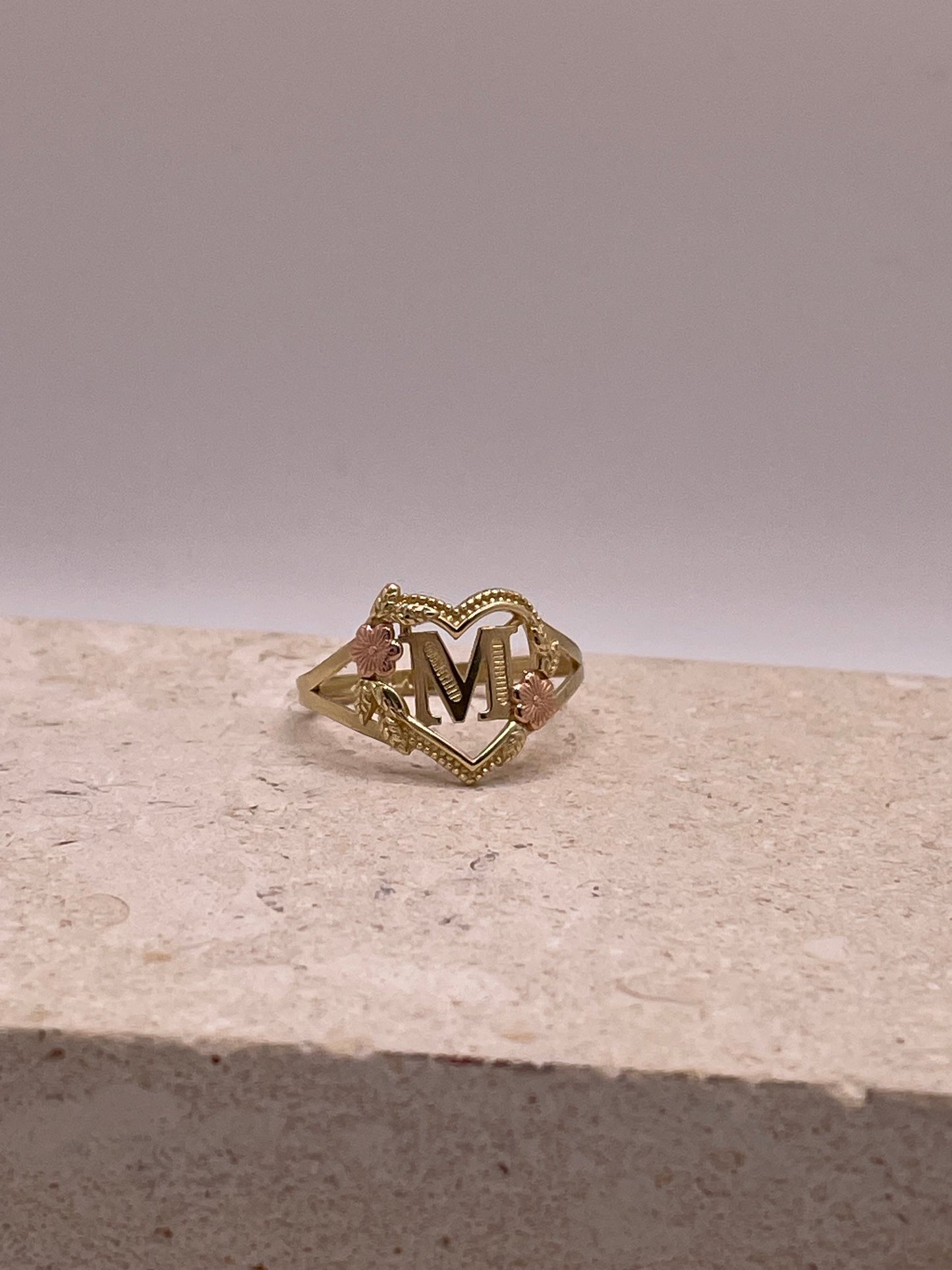 14k gold heart initial ring a-z