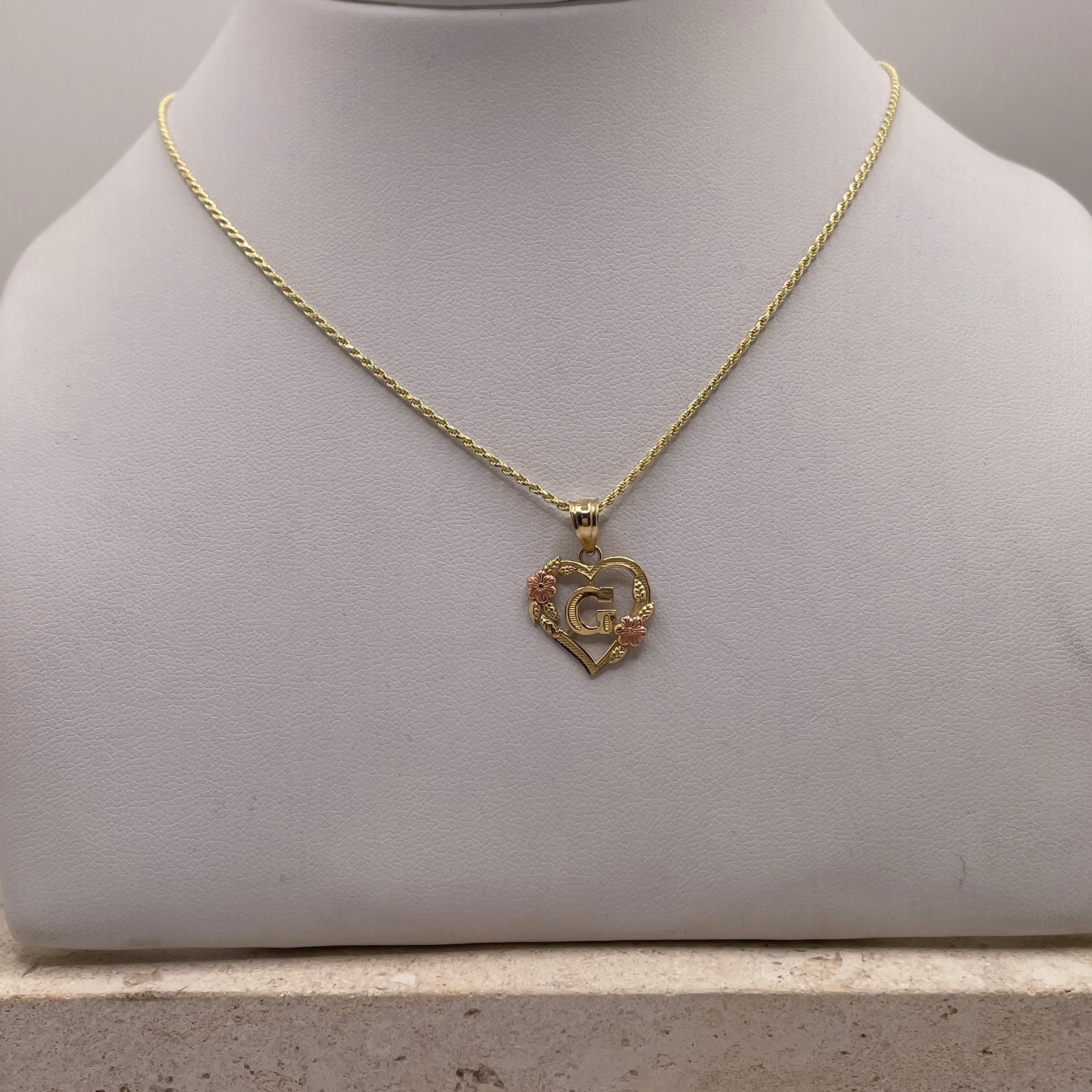 14k gold rope chain with heart pendant & personalized initial