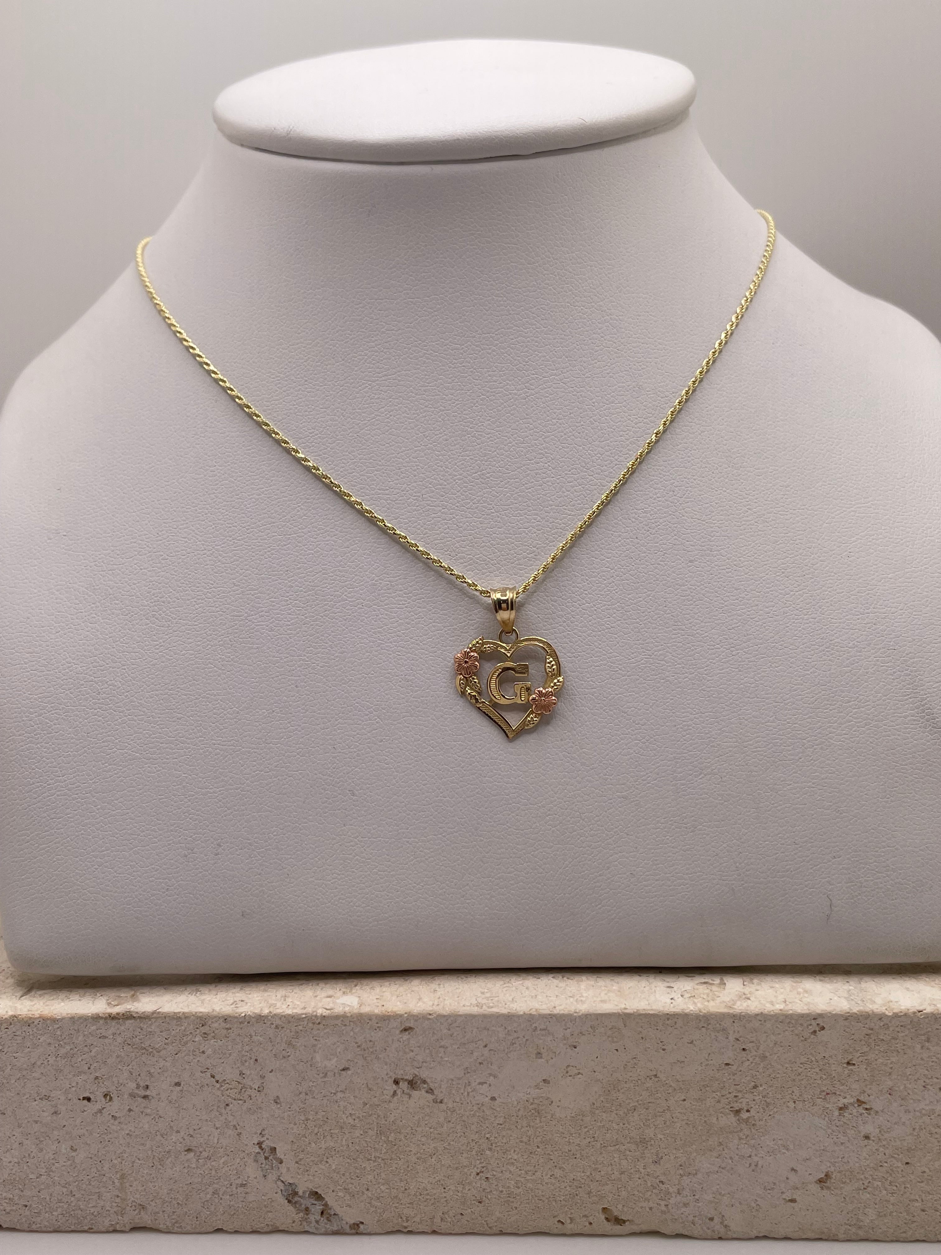 14k gold rope chain with heart pendant & personalized initial