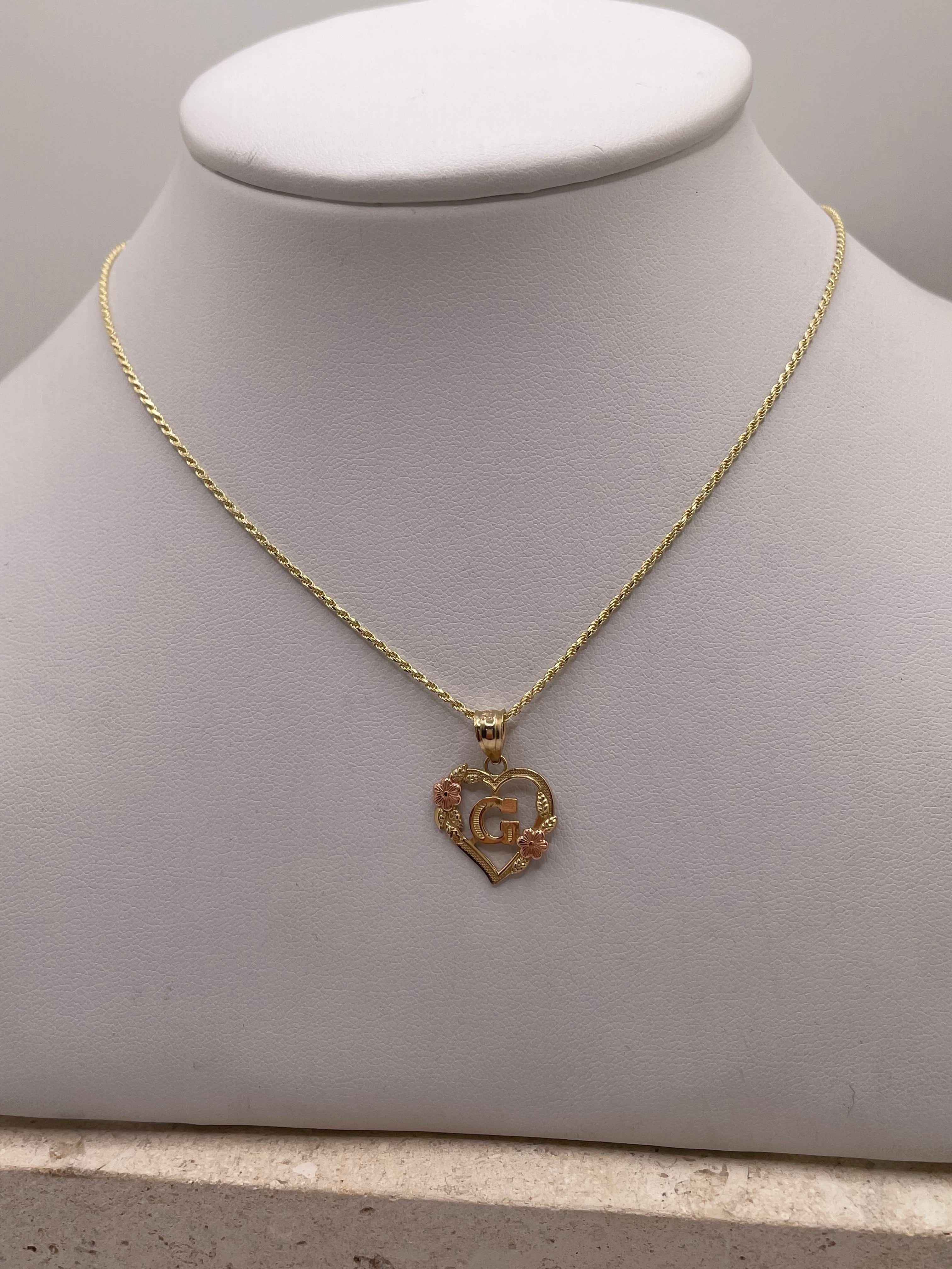 14k gold rope chain with heart pendant & personalized initial