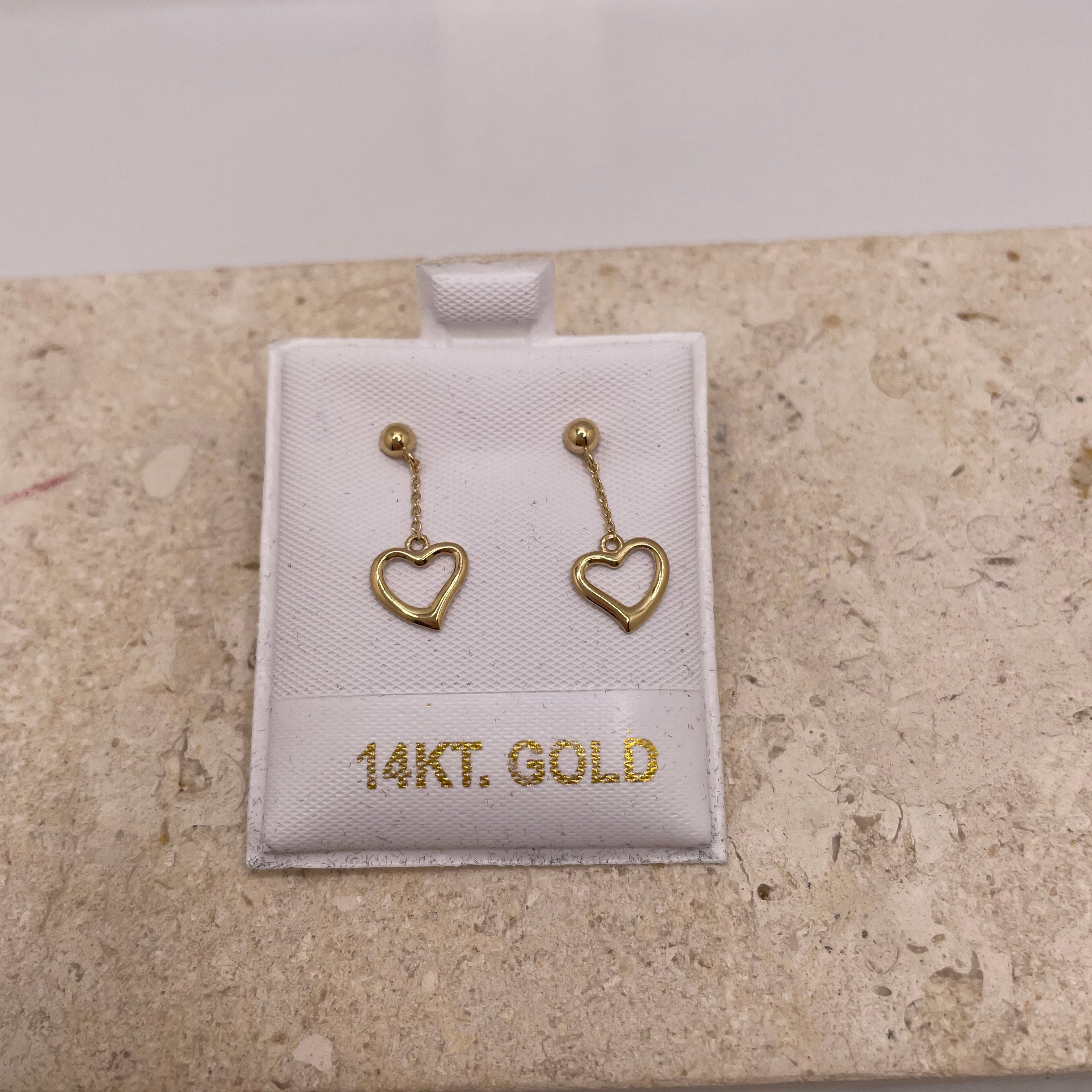 14k gold dangling heart earrings