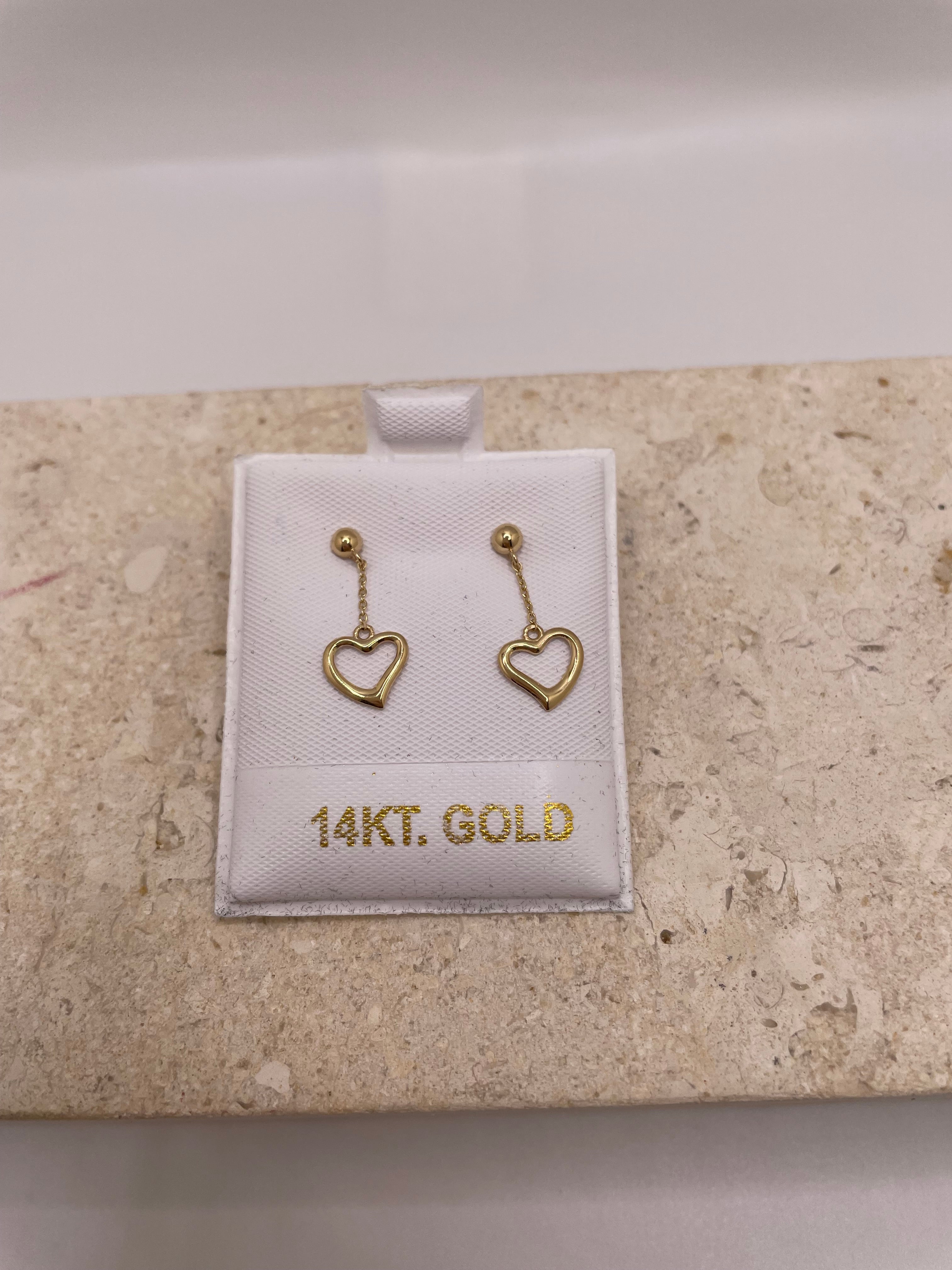 14k gold dangling heart earrings