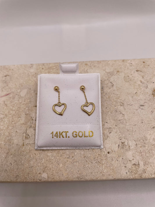 14k gold dangling heart earrings