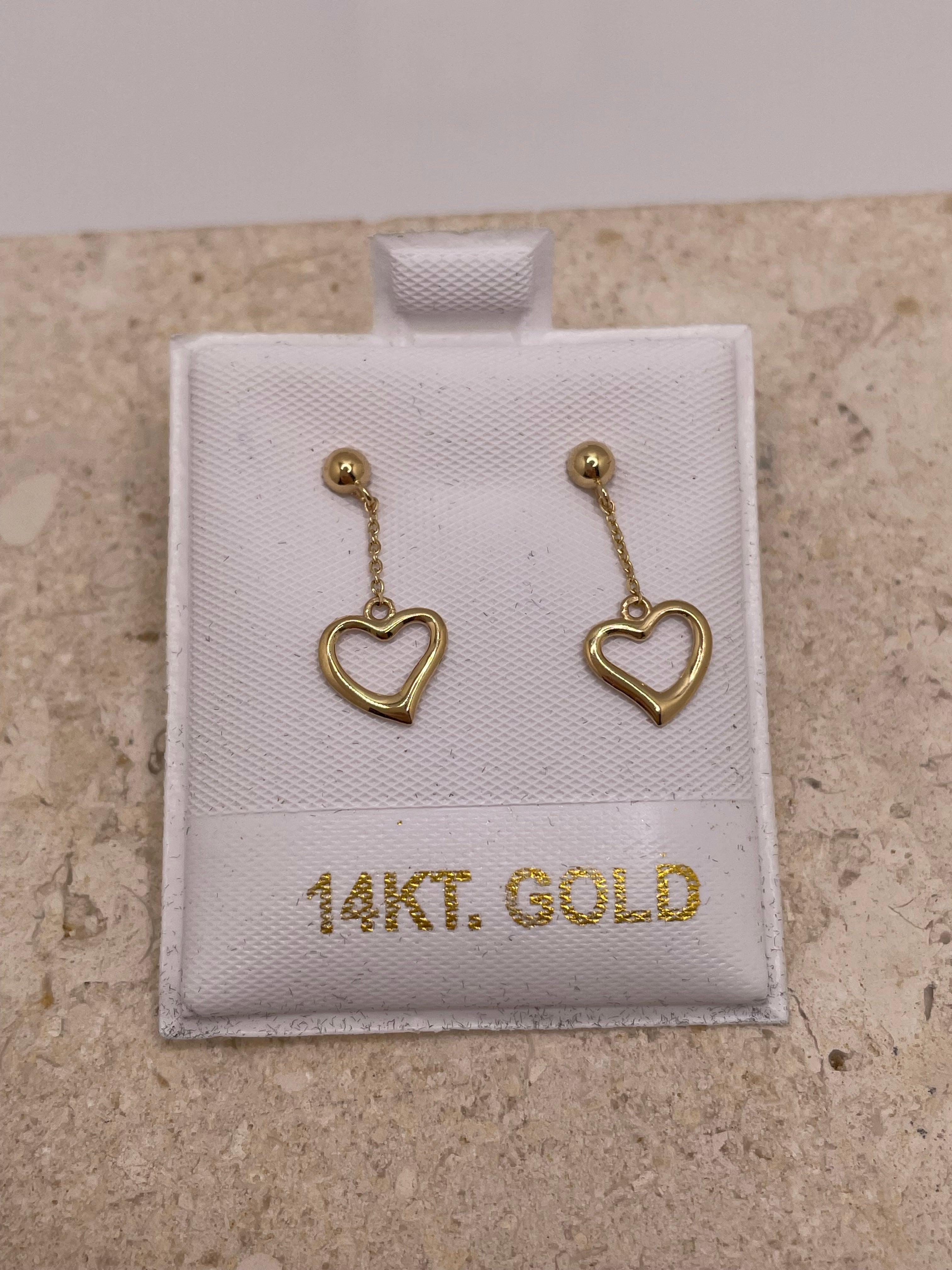 14k gold dangling heart earrings