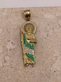 Close-up of 14K yellow gold San Judas pendant showcasing the CZ halo around Saint Jude’s head and the green and white CZ body detail