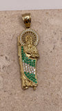 Close-up of 14K yellow gold San Judas pendant showcasing the CZ halo around Saint Jude’s head and the green and white CZ body detail