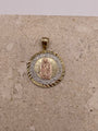 Close-up of 14K gold Nuestra Senora De Guadalupe pendant (25mm) with detailed rose gold Guadalupe and white gold border