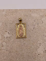 Close-up of 14K gold vertical Virgen Mary pendant with diamond-cut border and rose gold Virgin Mary surrounded by yellow gold design