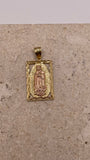 Close-up of 14K gold vertical Virgen Mary pendant with diamond-cut border and rose gold Virgin Mary surrounded by yellow gold design