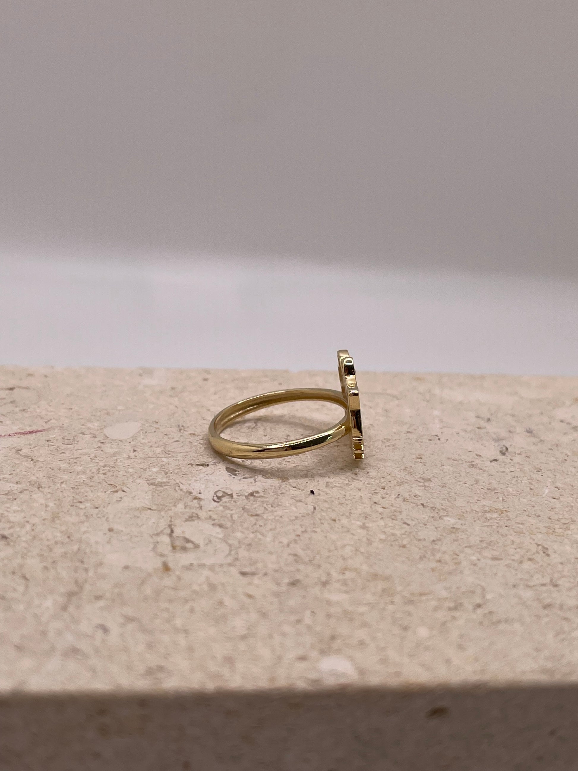 Side view of 14K gold Hello Kitty ring showcasing the band and CZ details
