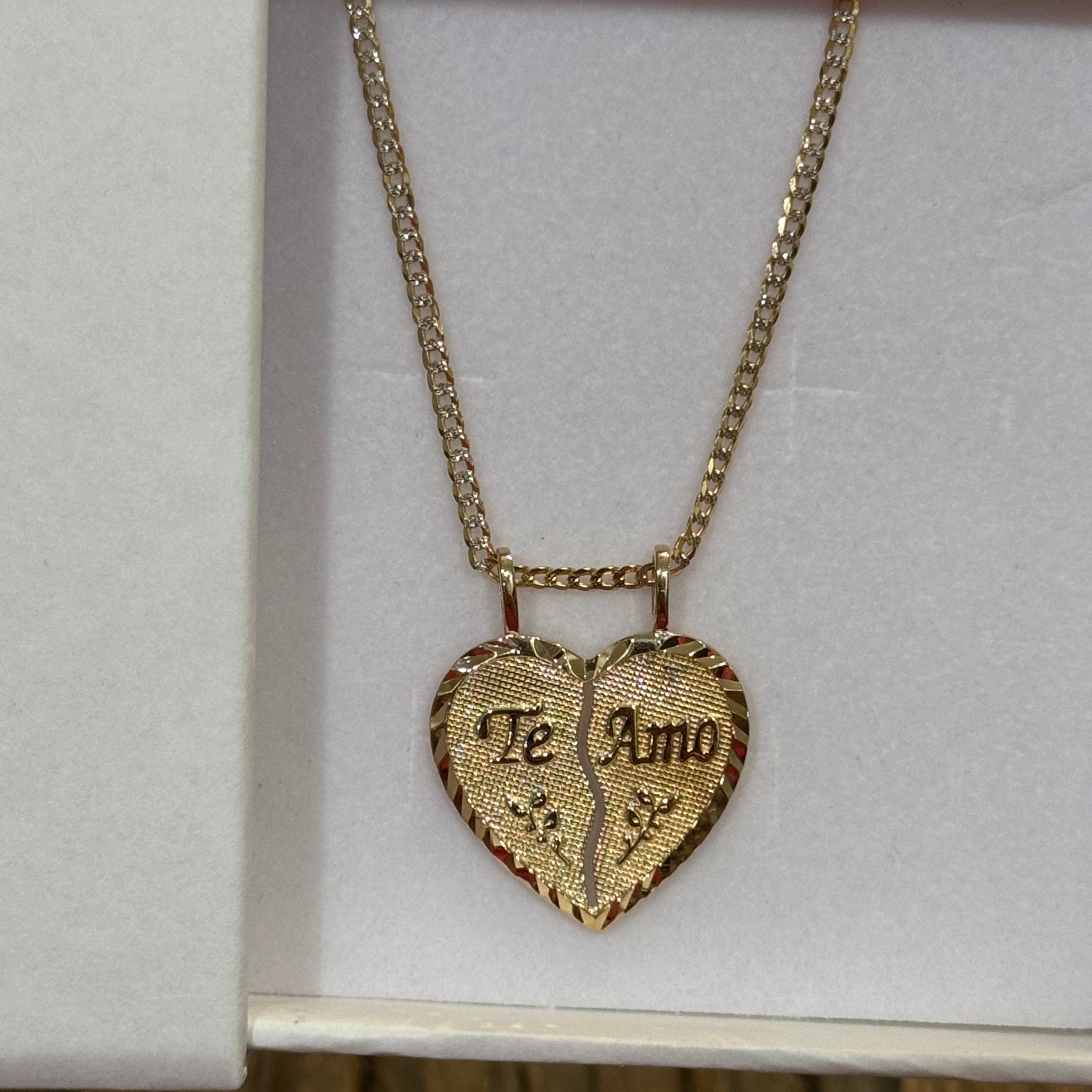 14k solid gold diamond cut cuban chain & te amo pendant set