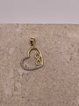 Close-up of 14K gold open heart pendant with small gold infinity symbol and white CZ stones on the left