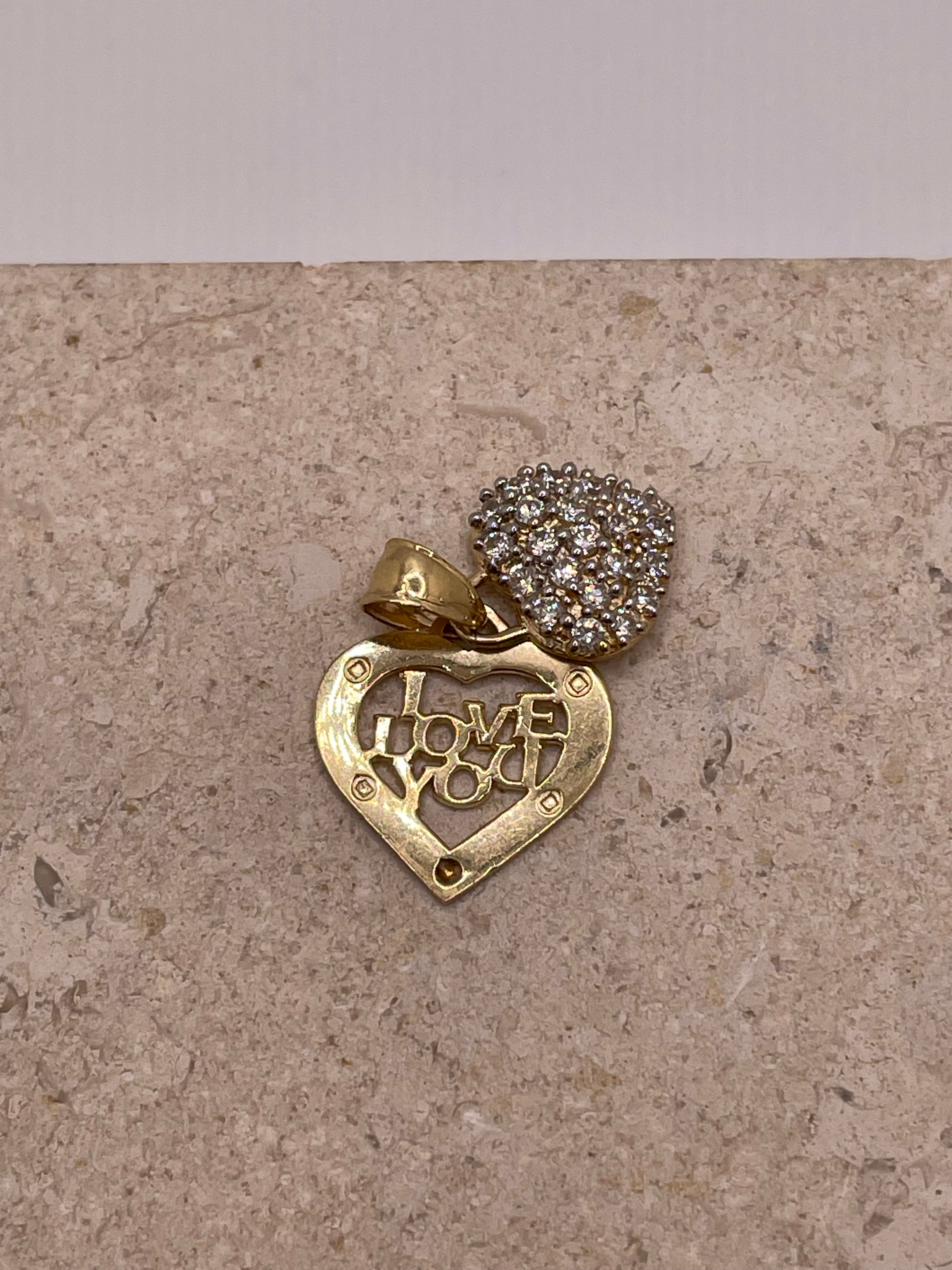 14k gold "i love you" heart pendant with cz charm