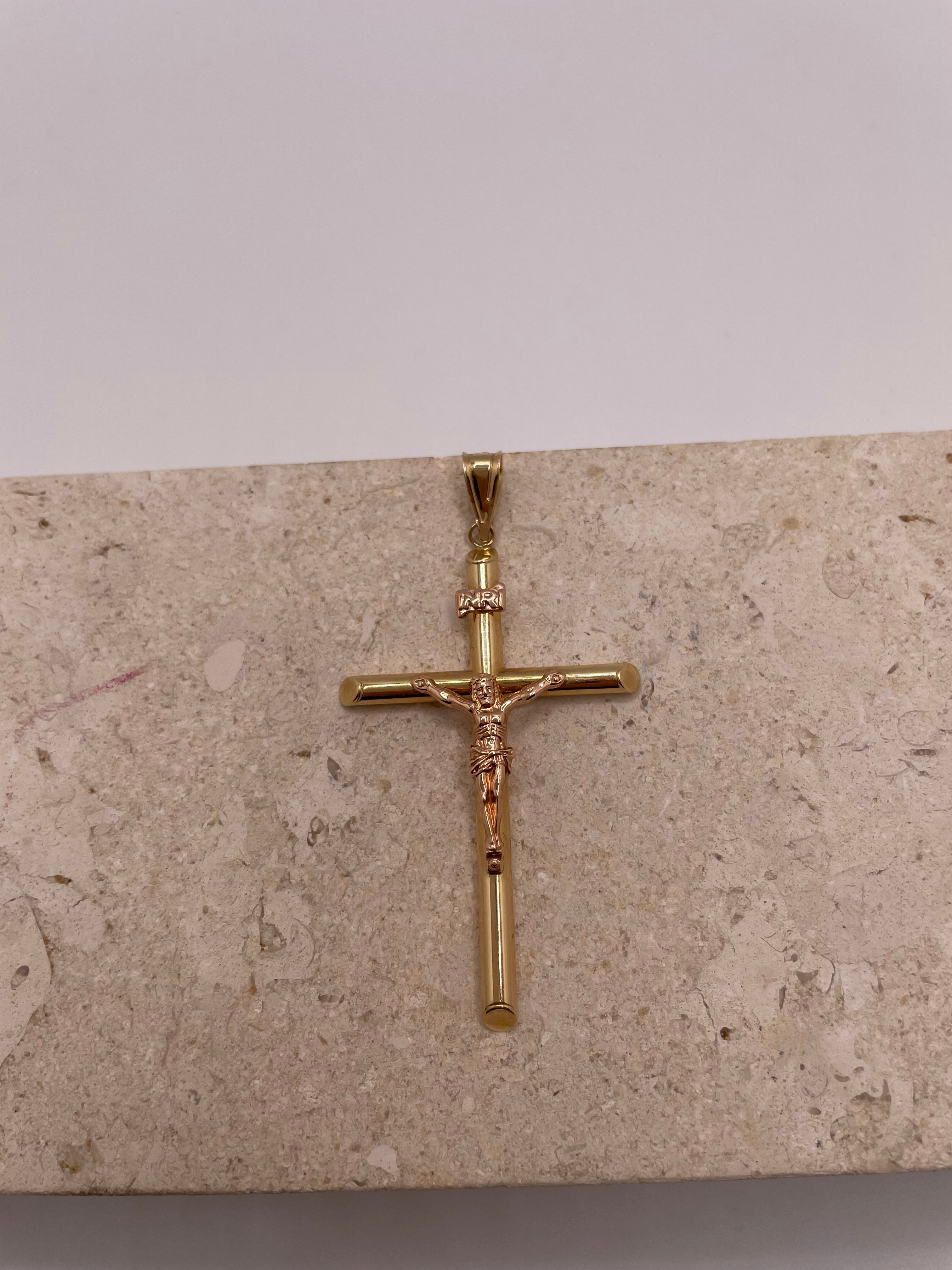 Close-up of 14k Gold Classic Tube Cross with rose gold Jesus crucifix