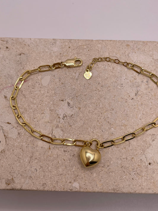 14k gold paperclip + heart charm bracelet (7-8")