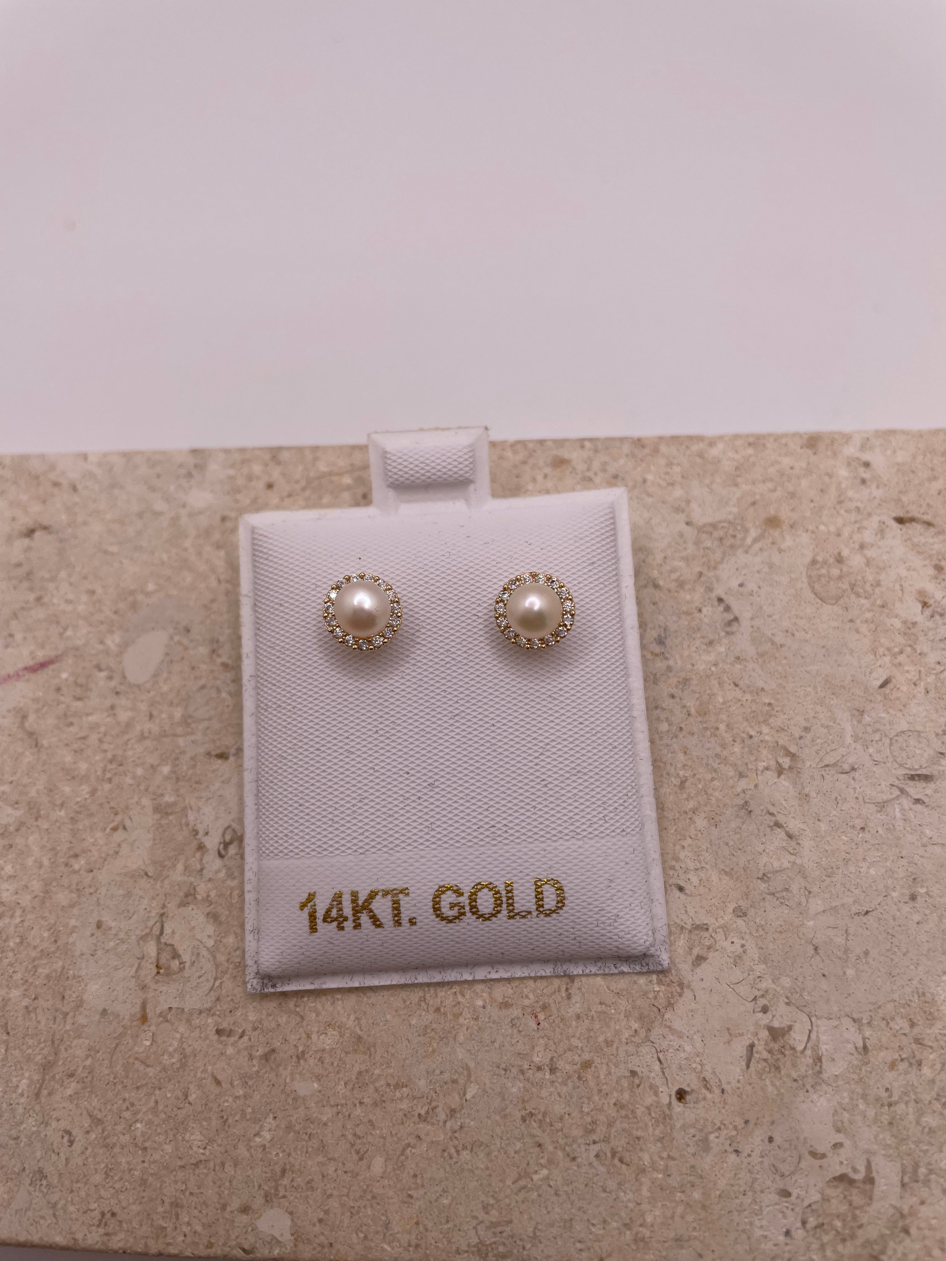 14K Gold Pearl CZ Screw back Earrings