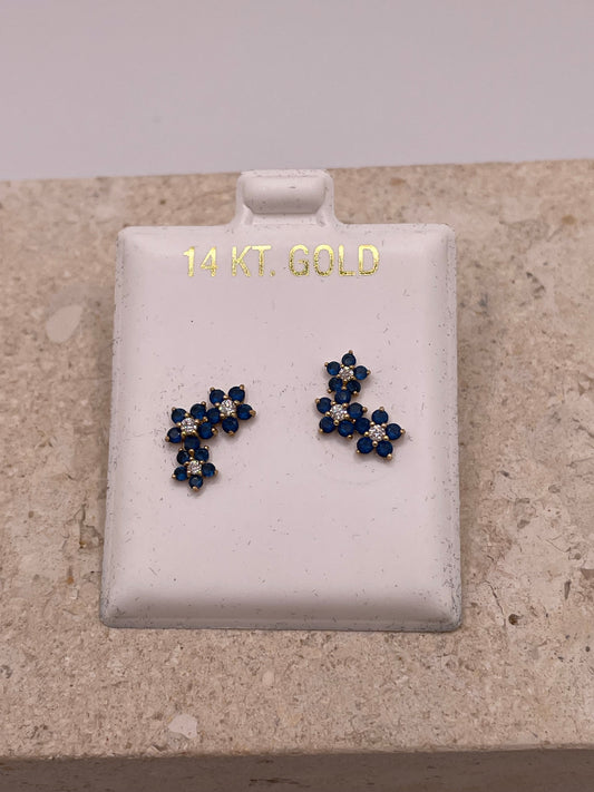 14k gold blue &amp; white cz flower earrings