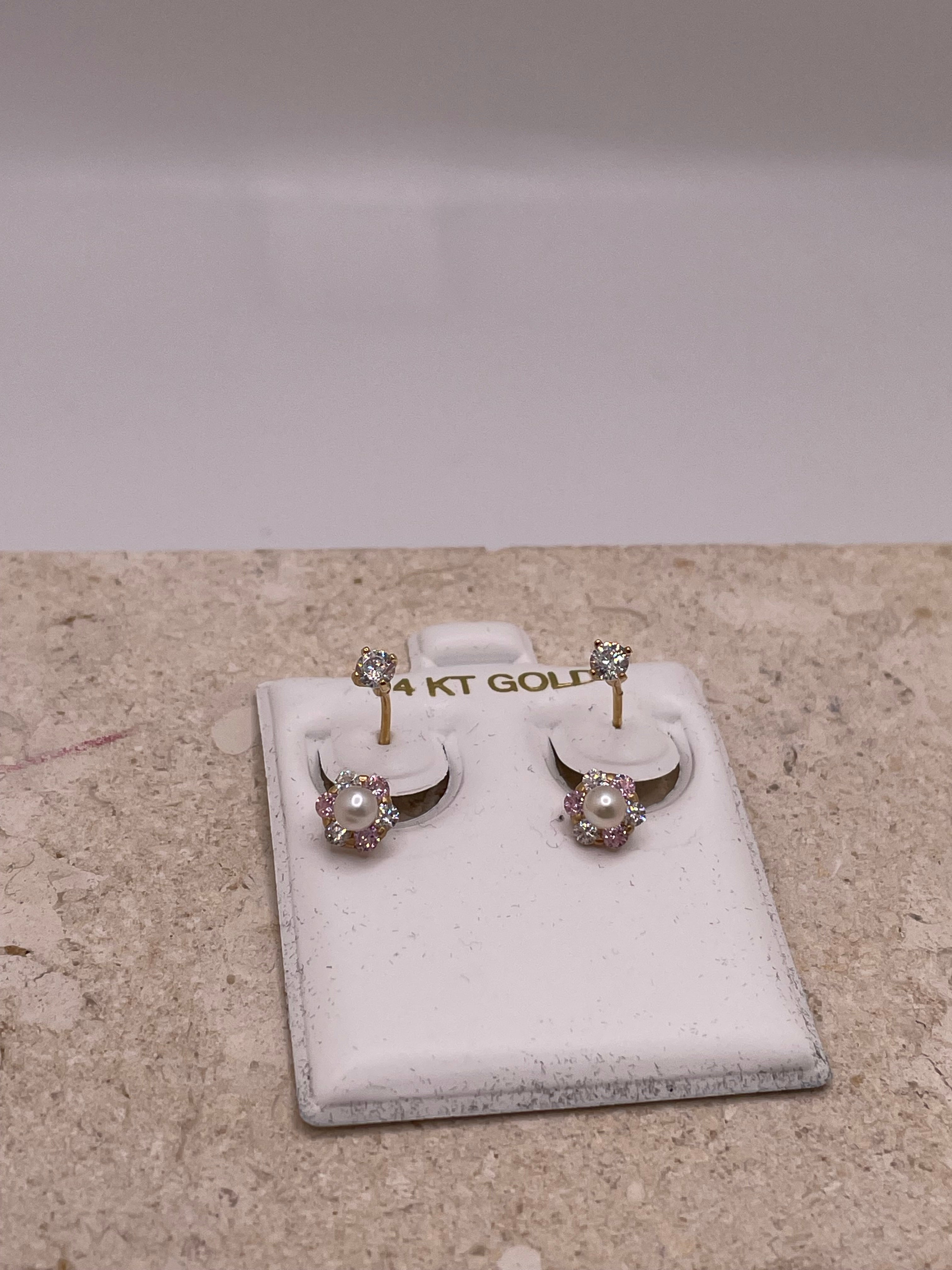 14k gold telephone earrings with cz flower