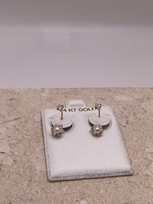 14k gold telephone earrings with cz flower