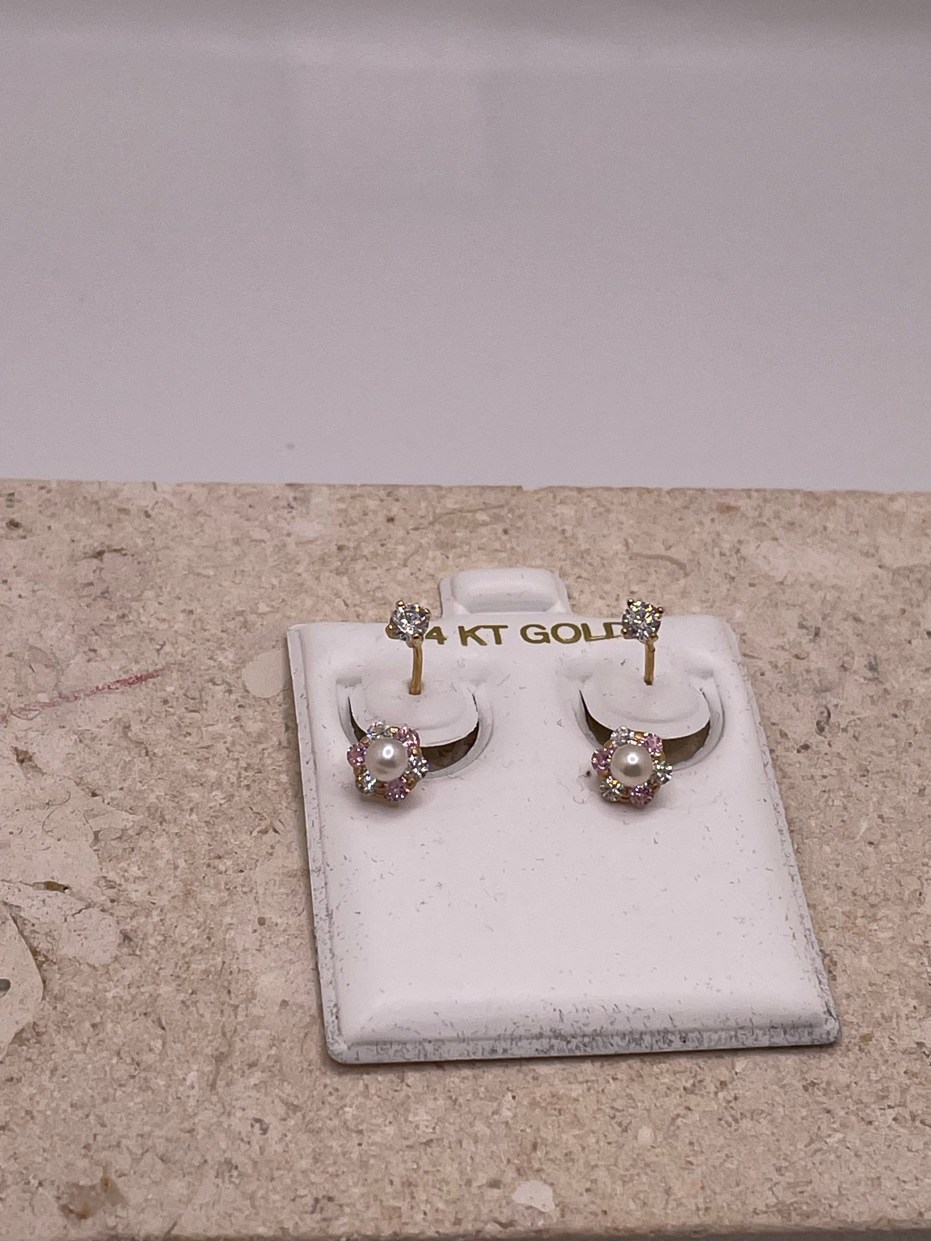 14k gold telephone earrings with cz flower