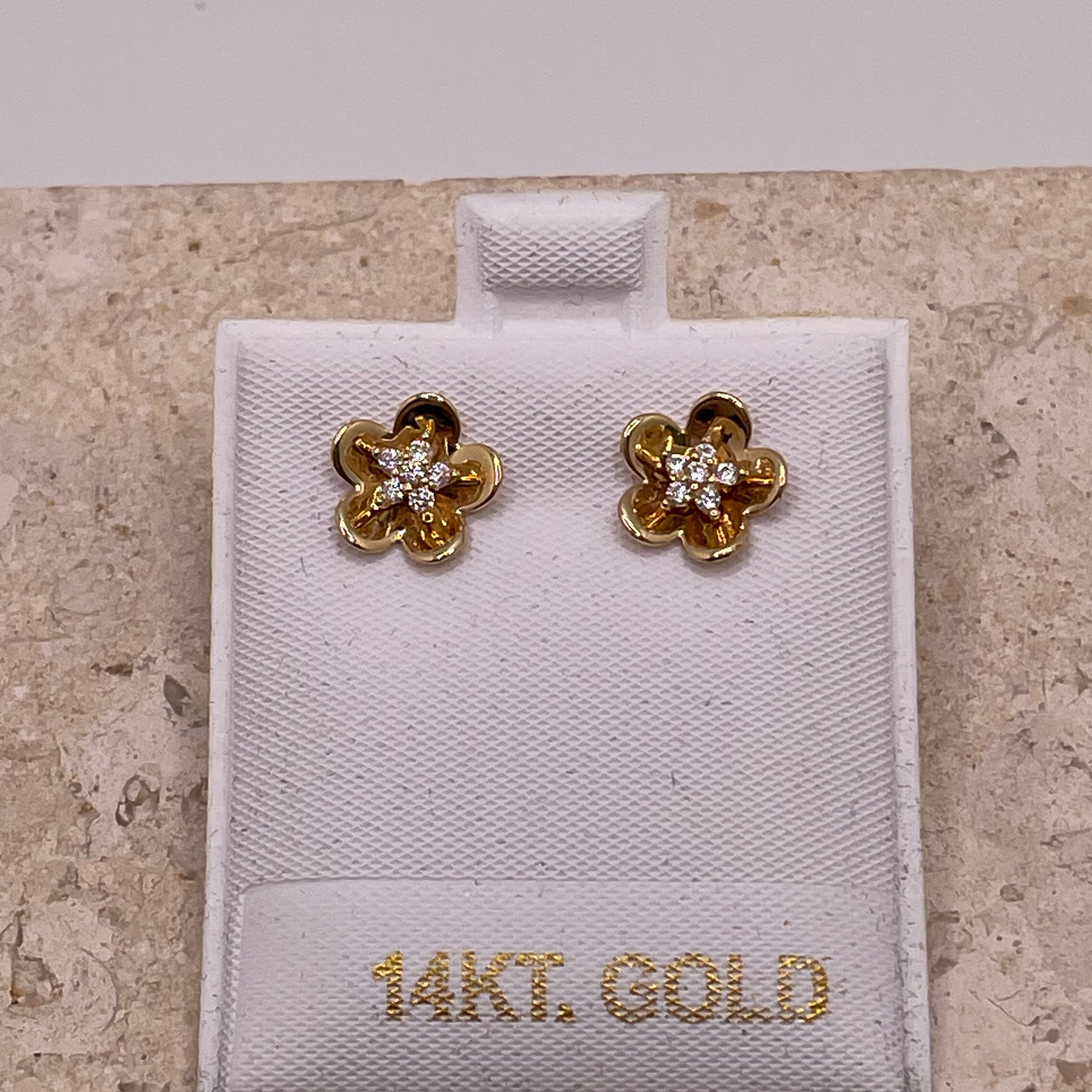14k gold flower earrings with white cz