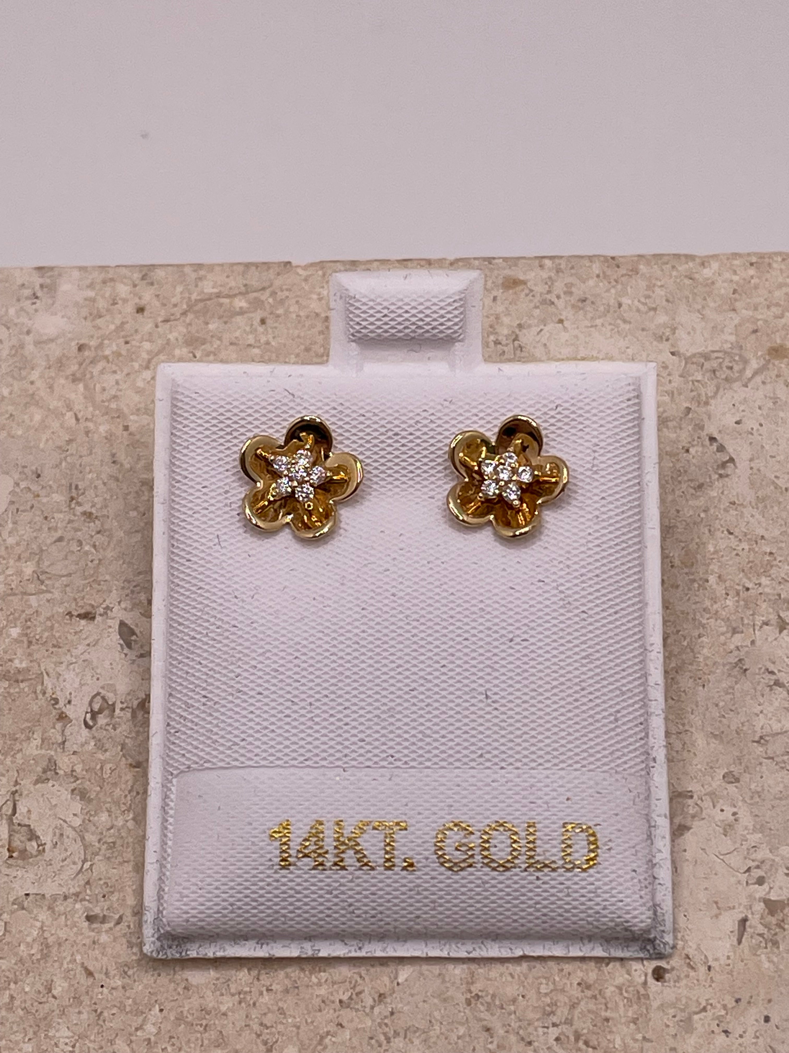 14k gold flower earrings with white cz