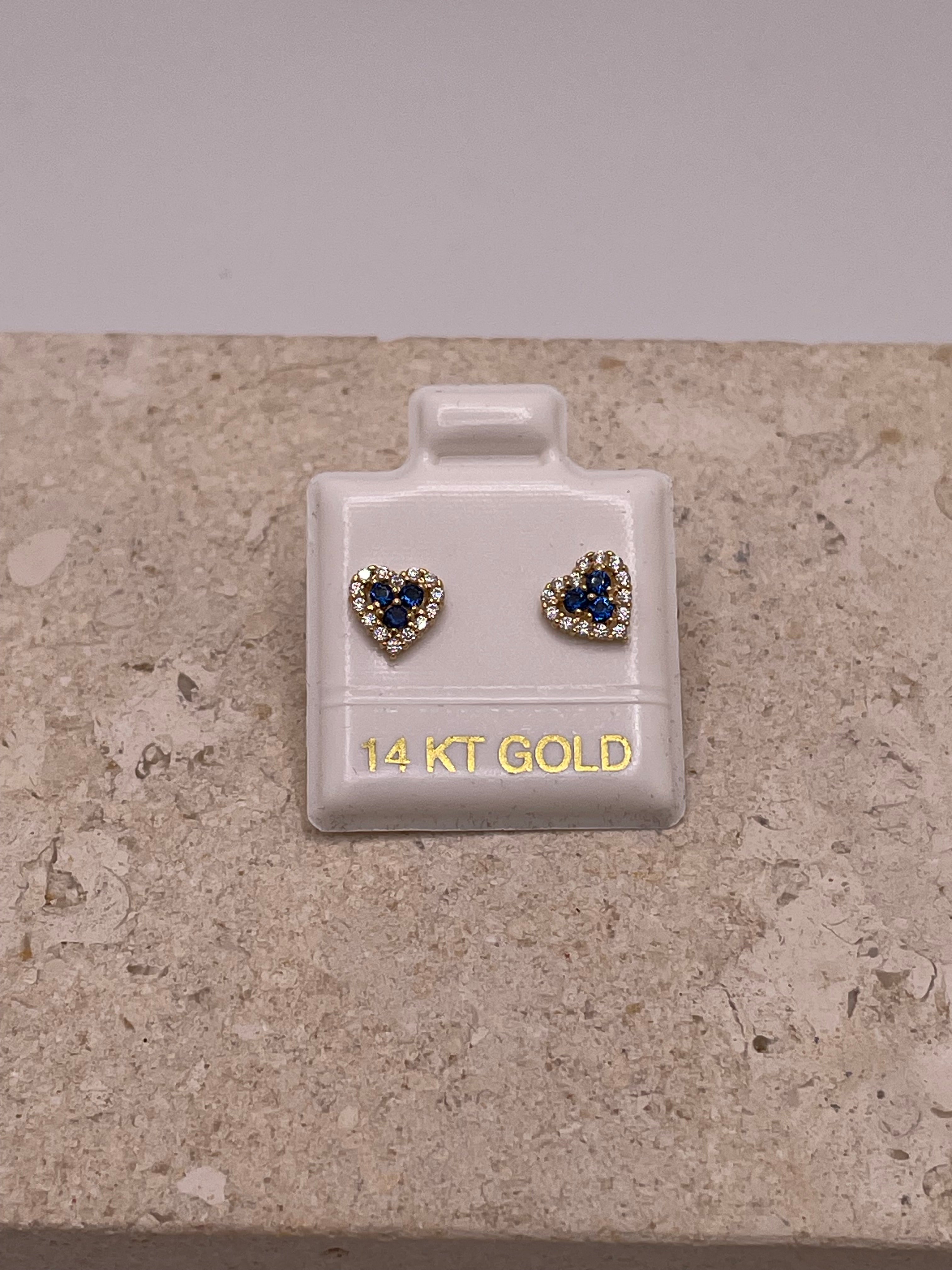 14k gold heart earrings with blue &amp; white cz