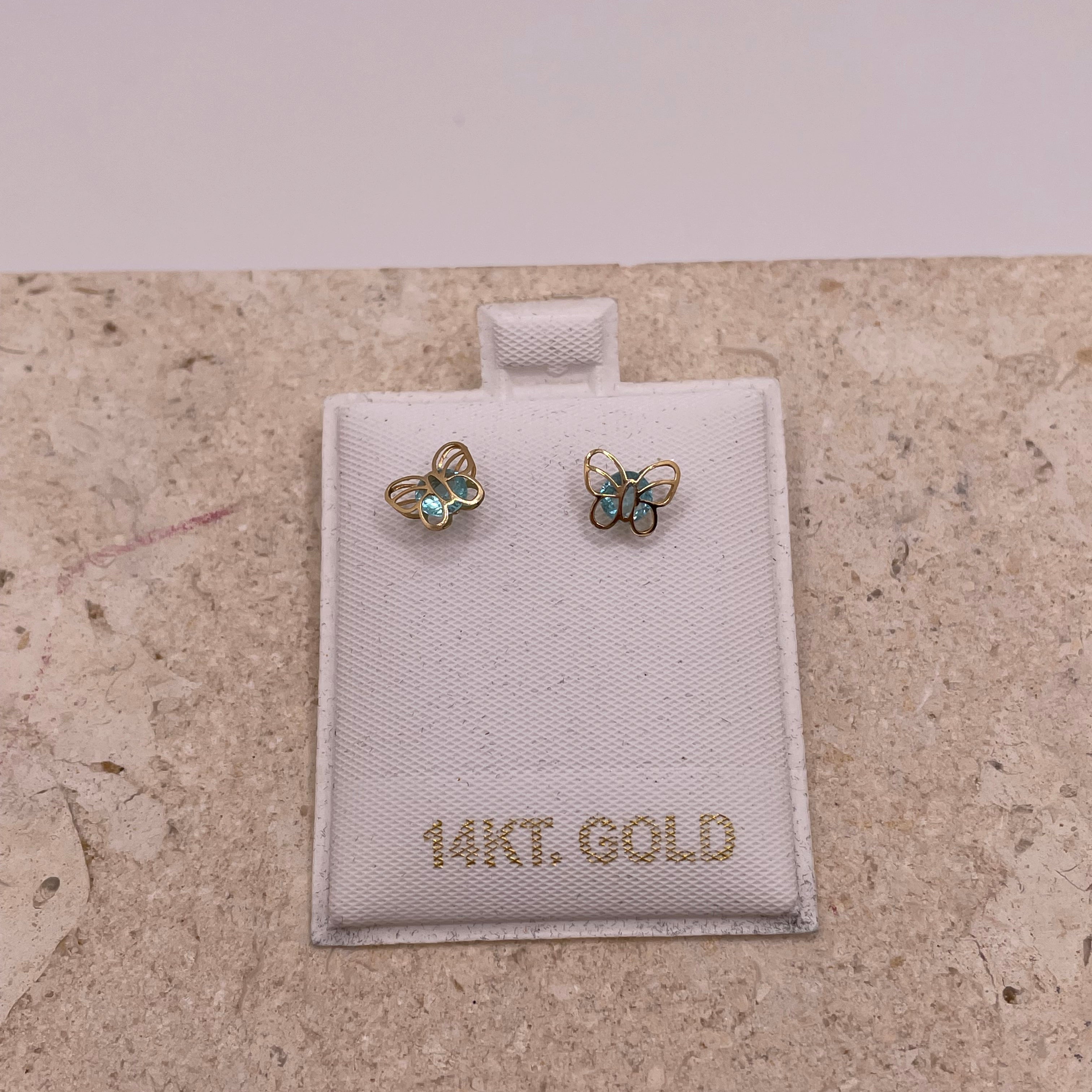14k gold butterfly earrings with light blue cz