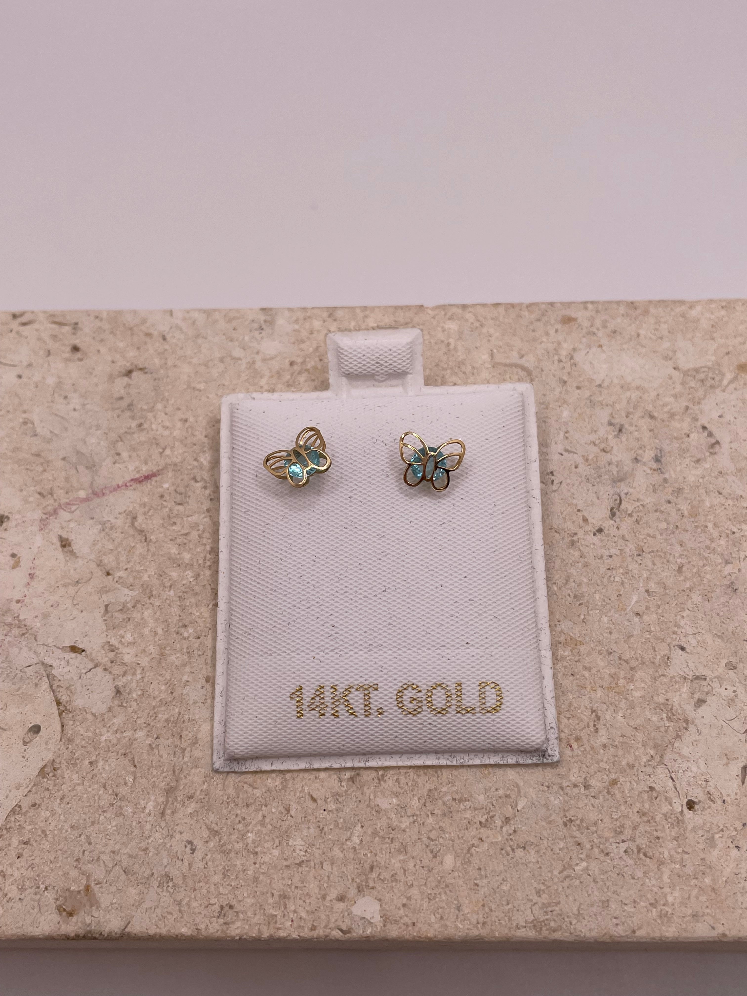 14k gold butterfly earrings with light blue cz