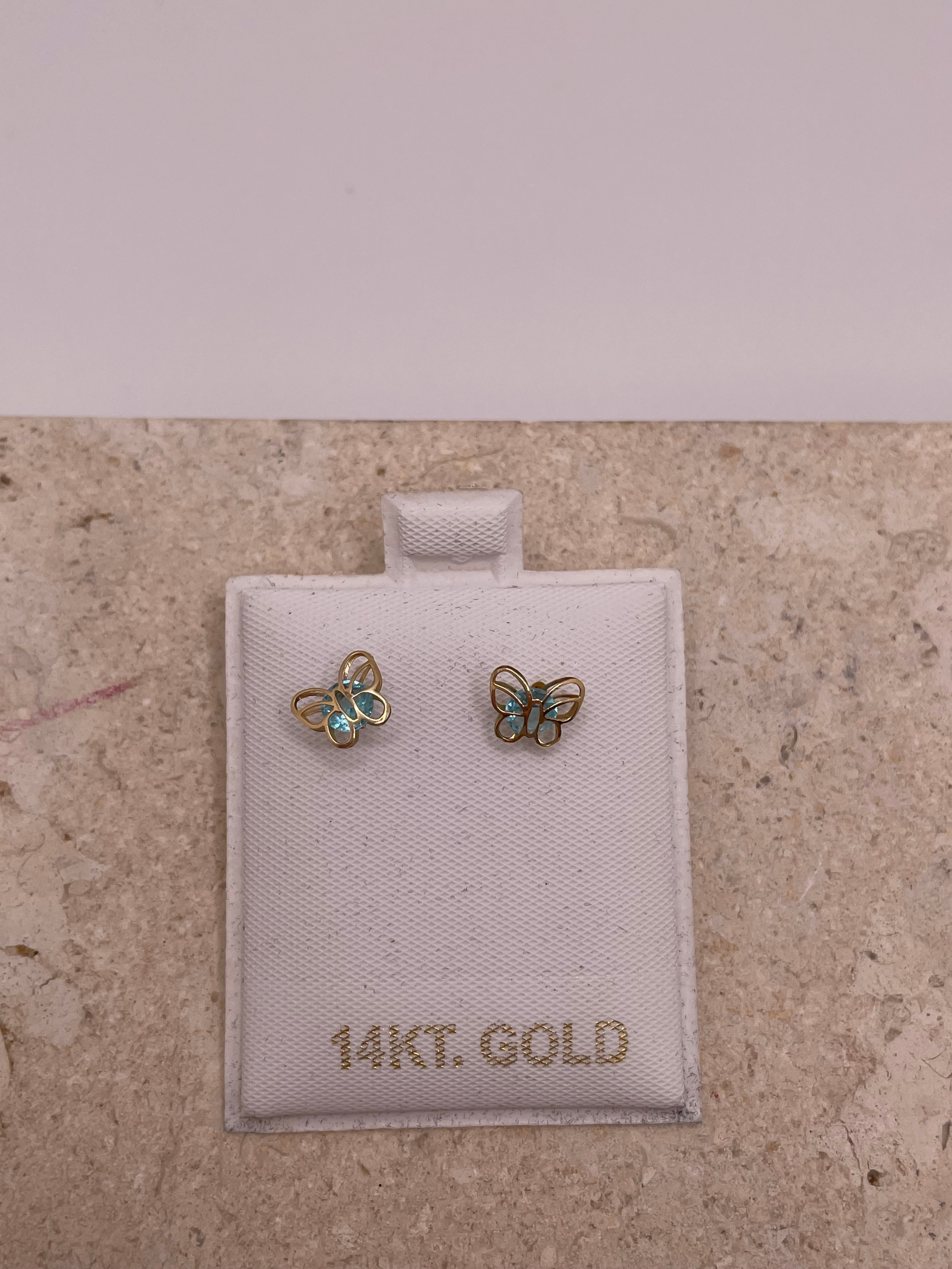 14k gold butterfly earrings with light blue cz