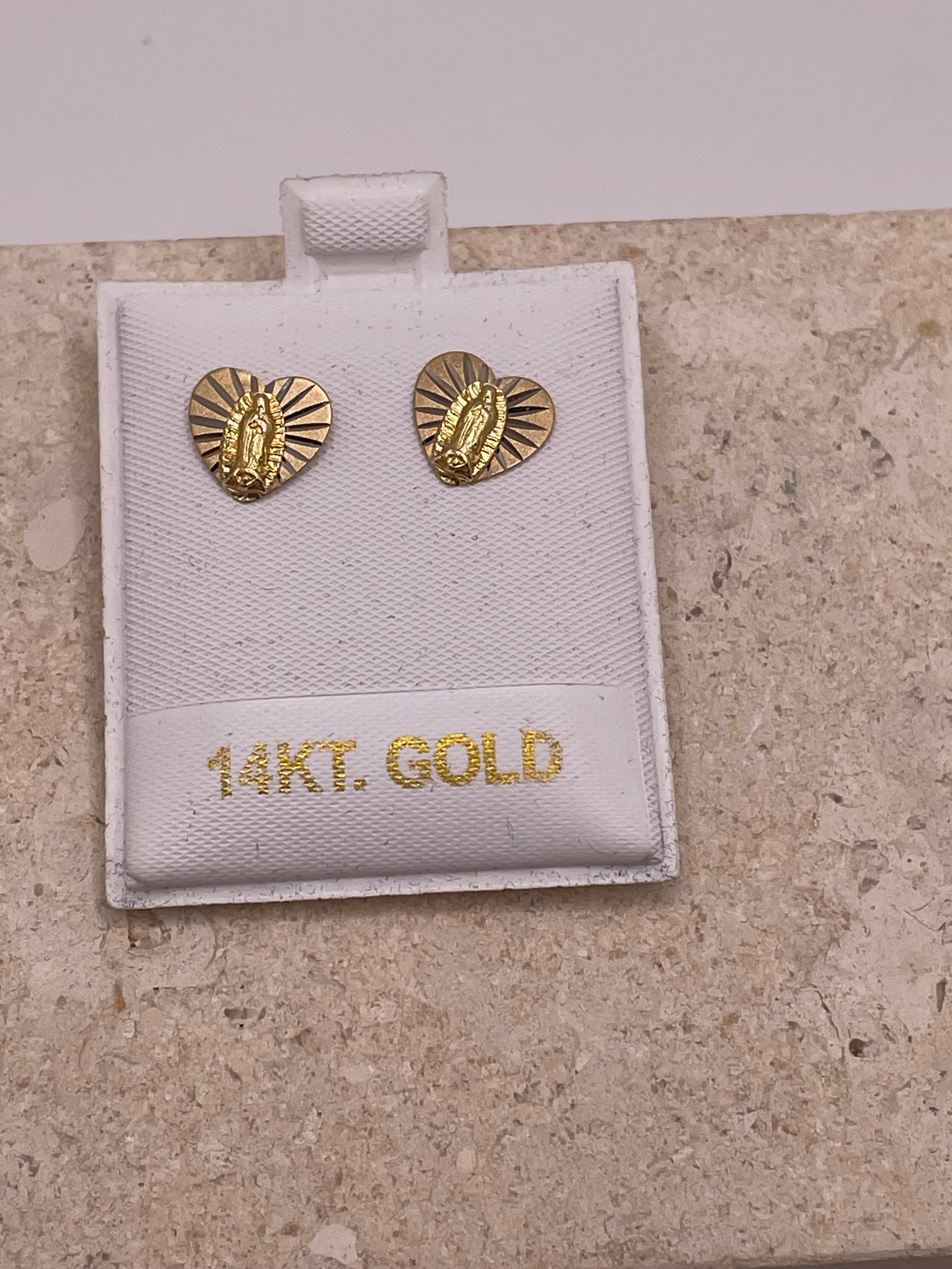 14k gold heart earrings with virgin mary