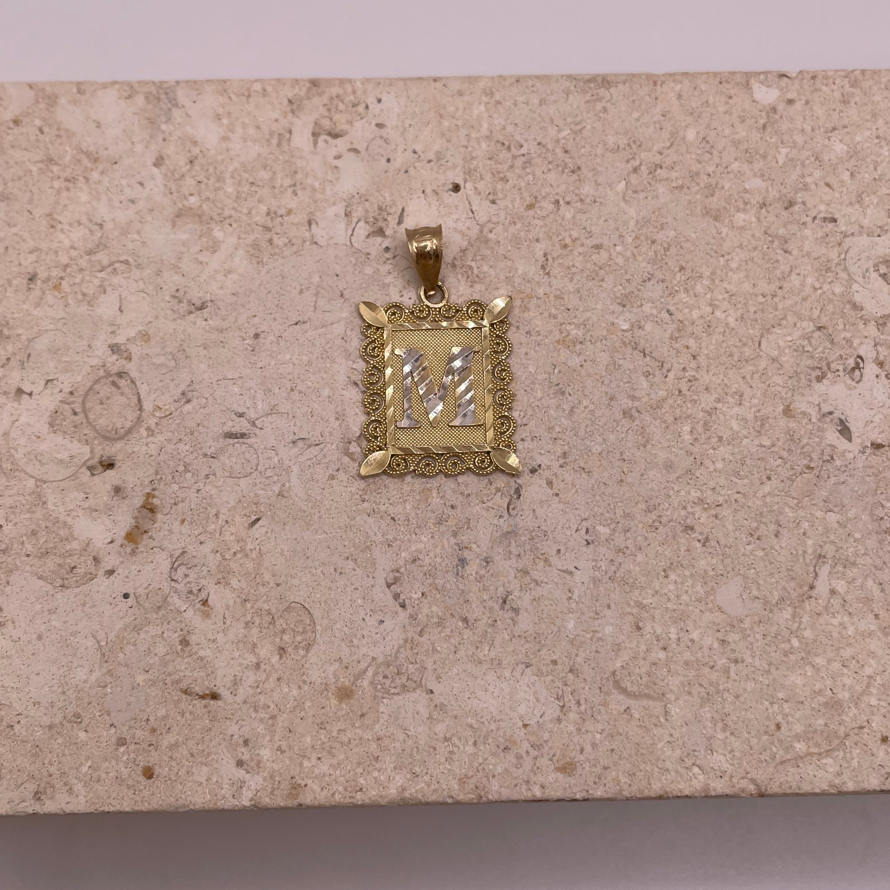 14k gold two tone square initial pendant (medium)