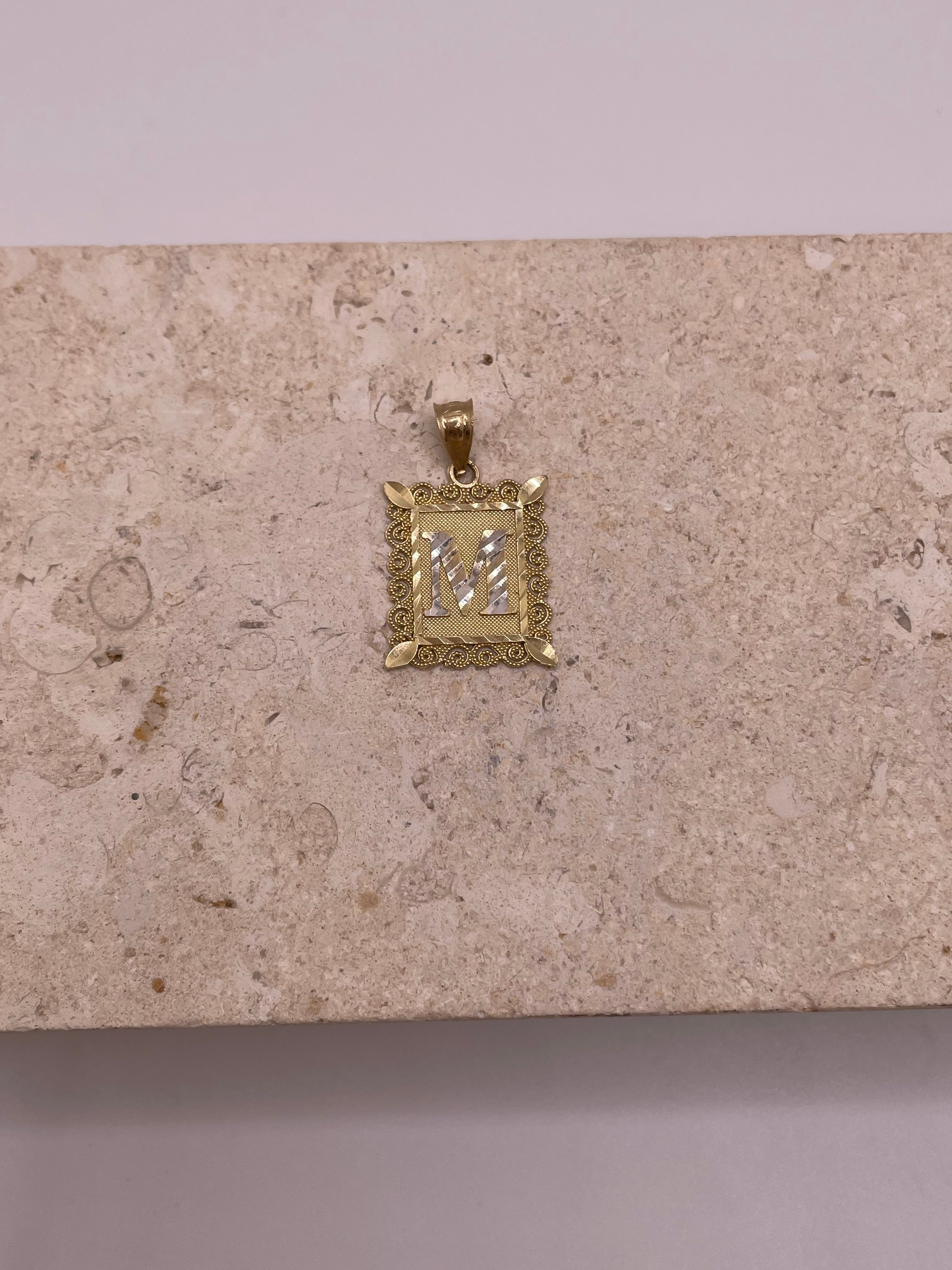 14k gold two tone square initial pendant (medium)