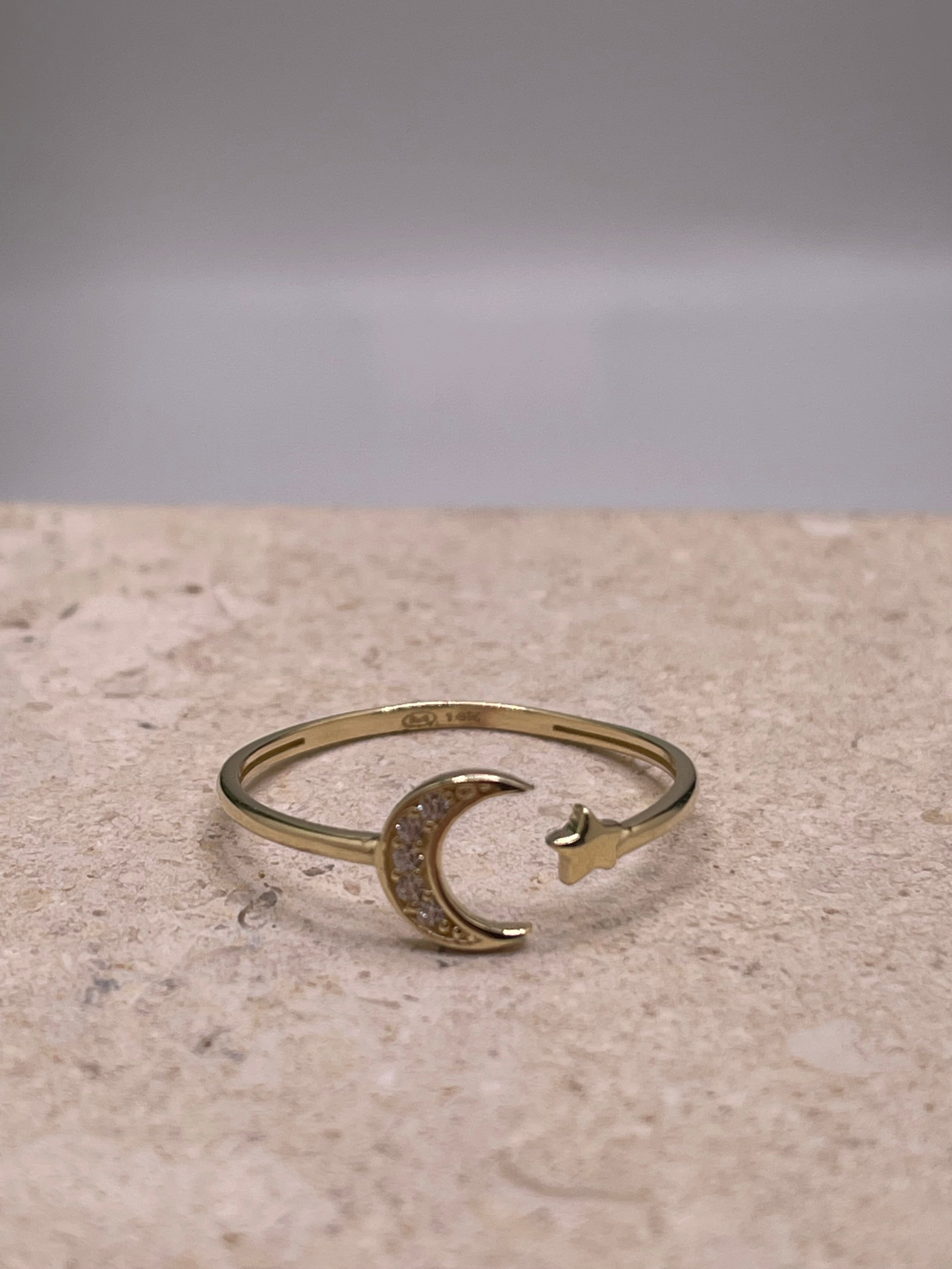 14k gold crescent moon and star open ring