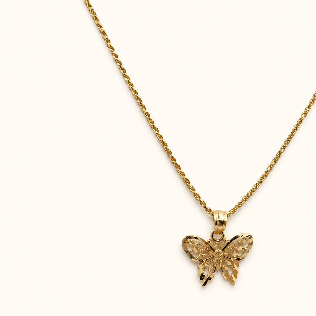 Colgante de mariposa de oro de 14 k con cadena de cuerda de 1,2 mm