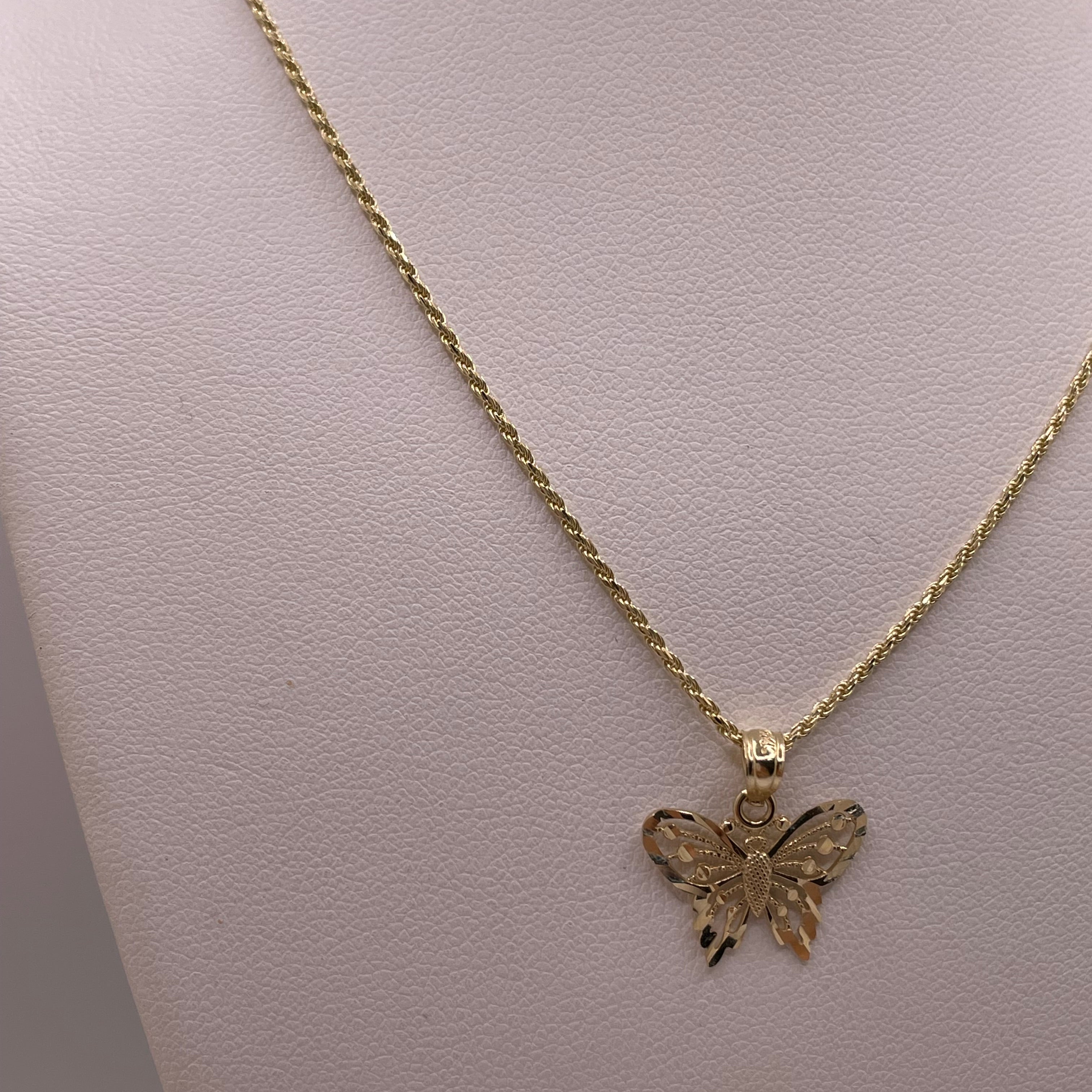 14k gold butterfly pendant with 1.2mm rope chain