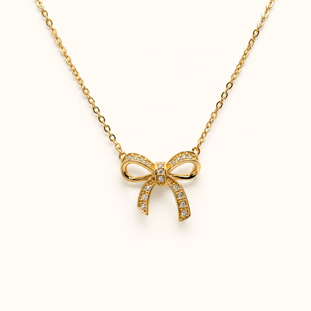 14k gold bow cz necklace