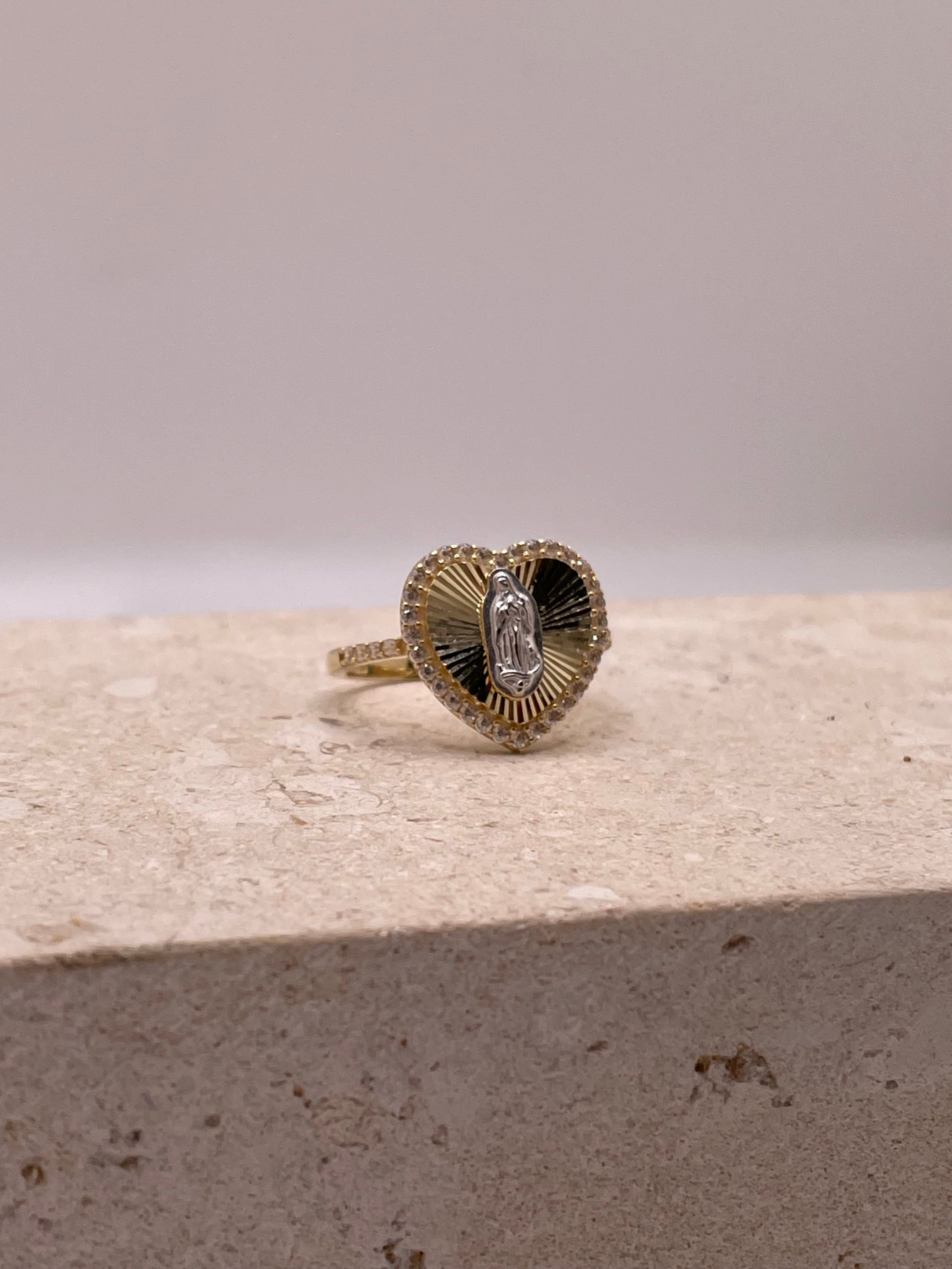 14k gold virgencita heart ring