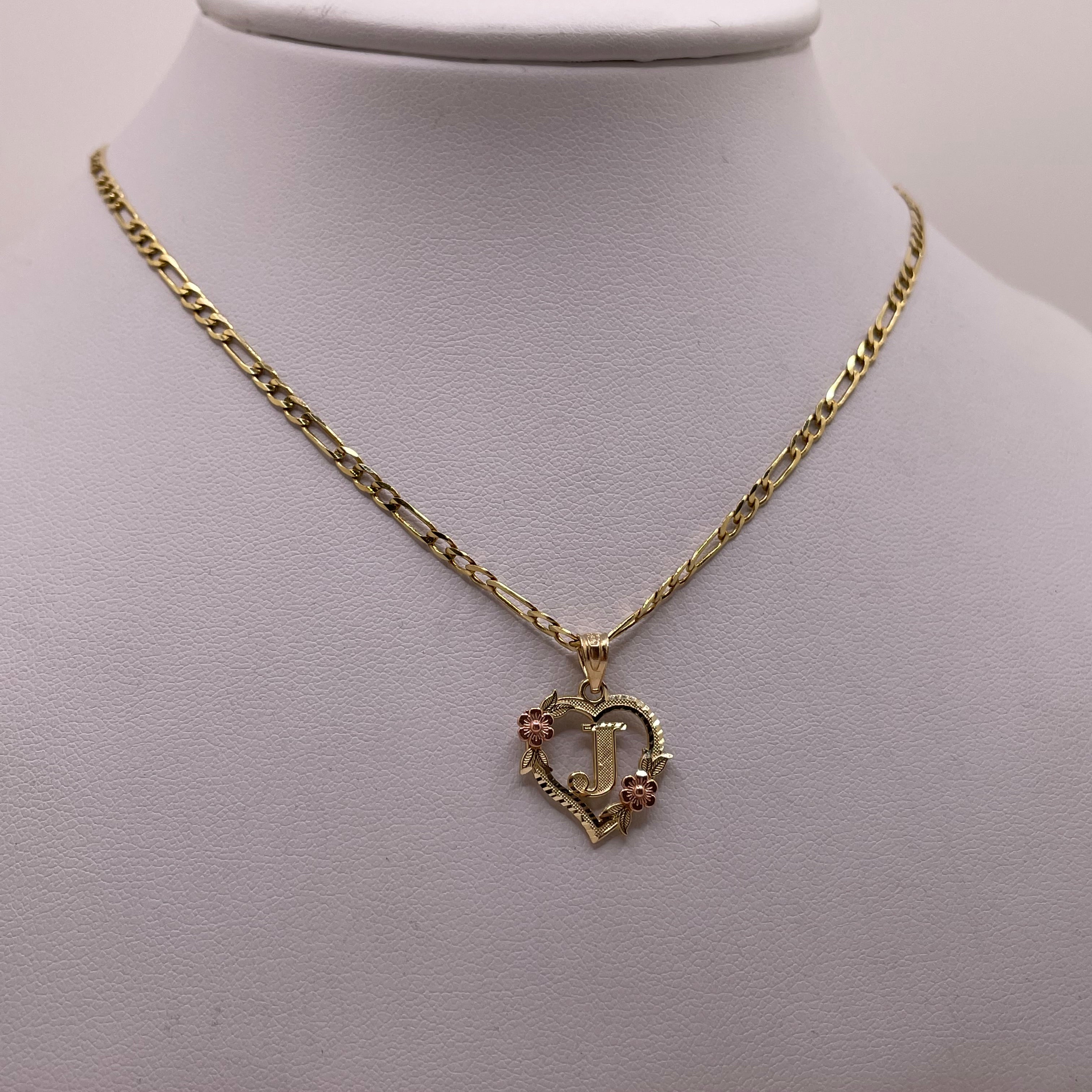 14k gold figaro chain with initial heart pendant jewelry set