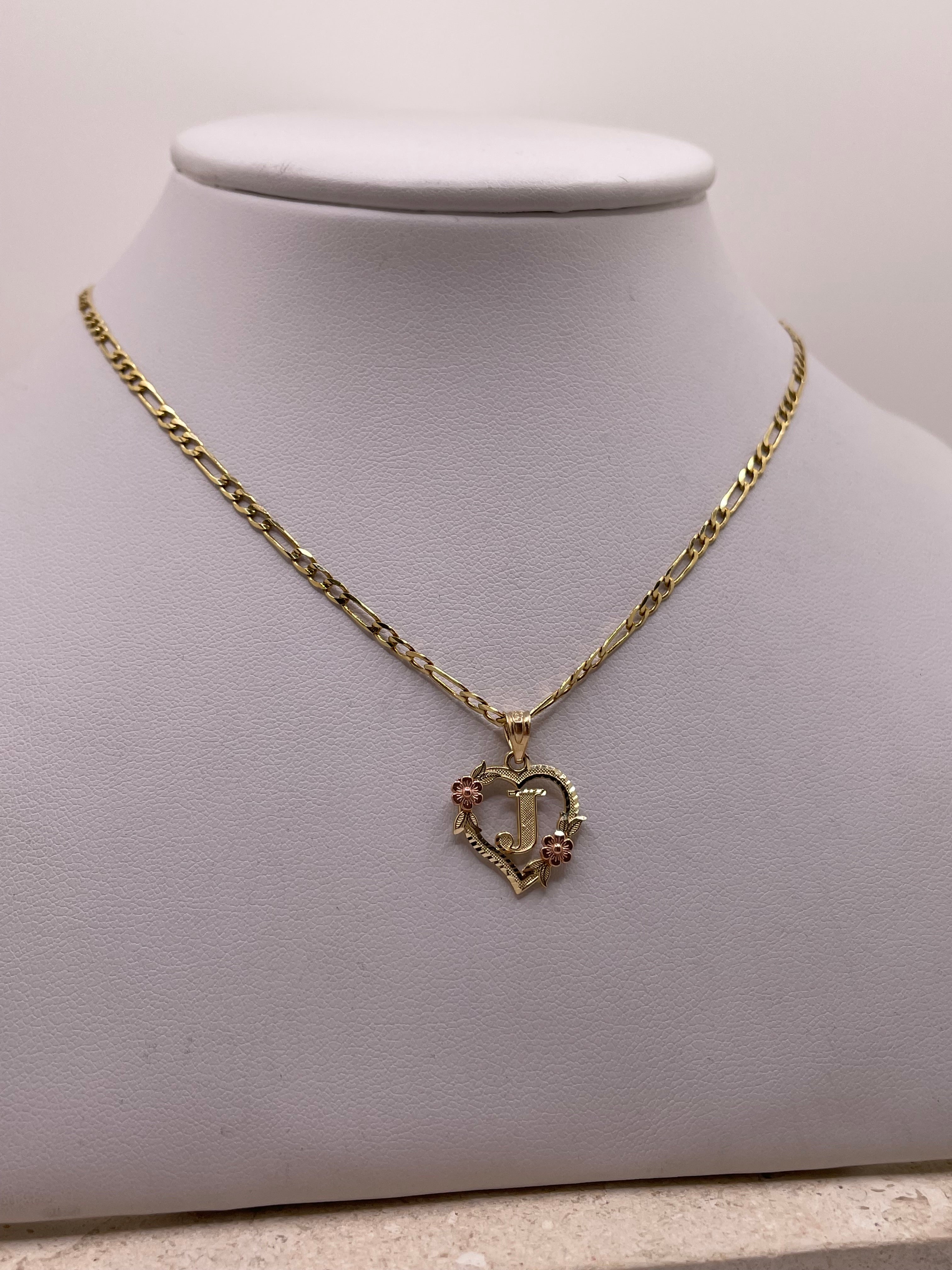14k gold figaro chain with initial heart pendant jewelry set