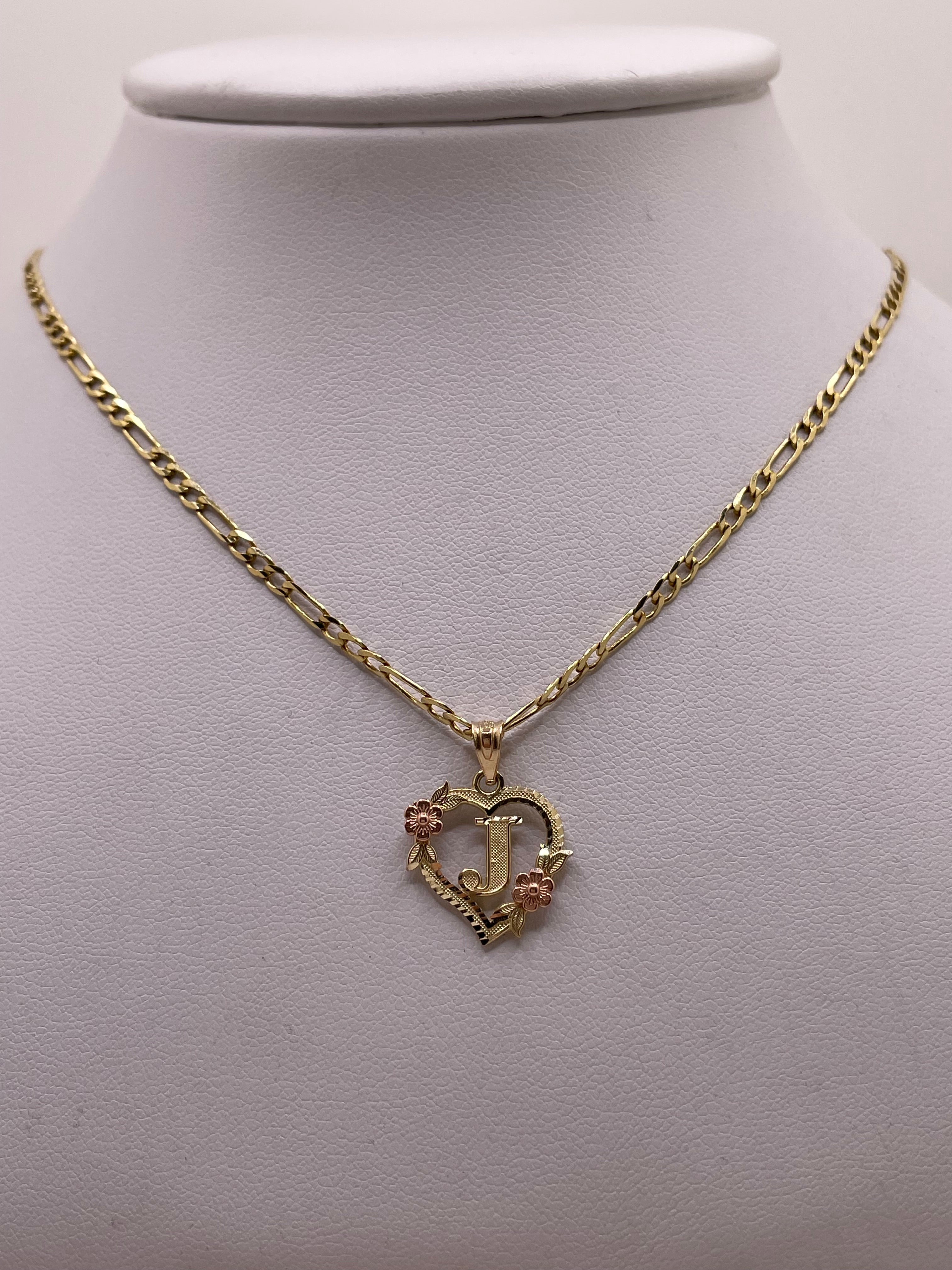 14k gold figaro chain with initial heart pendant jewelry set