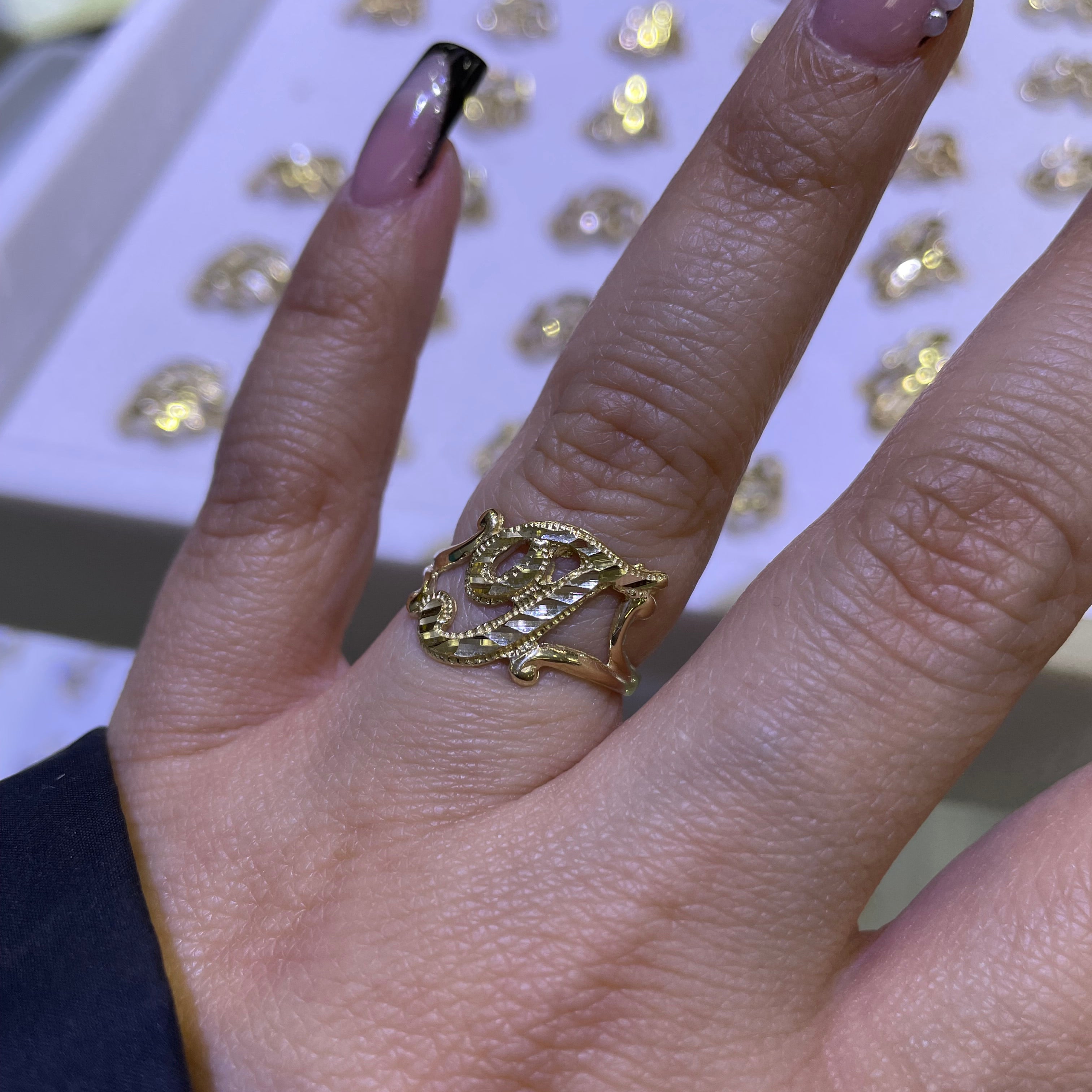 14k gold “t” cursive initial ring