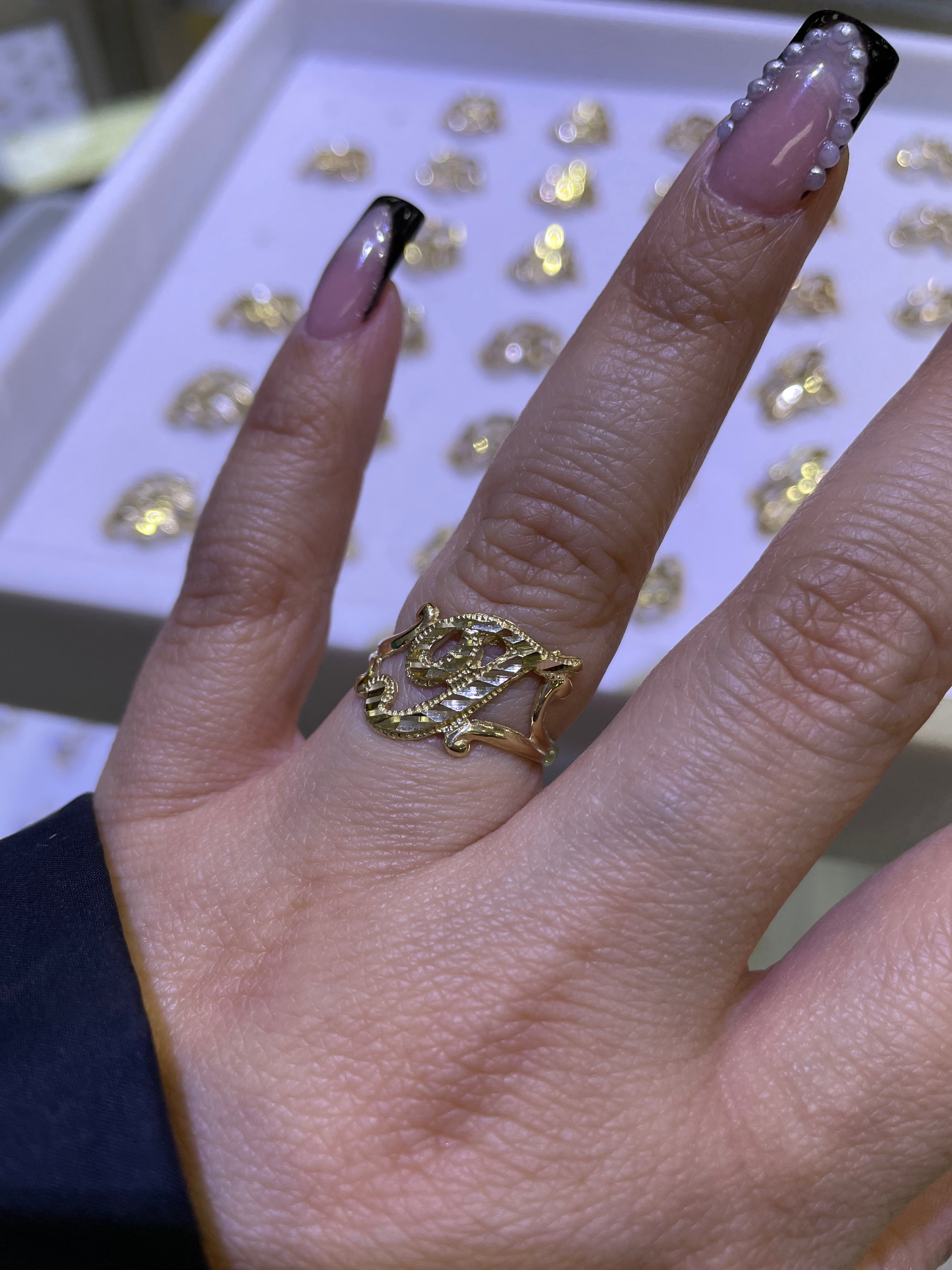 14k gold “t” cursive initial ring