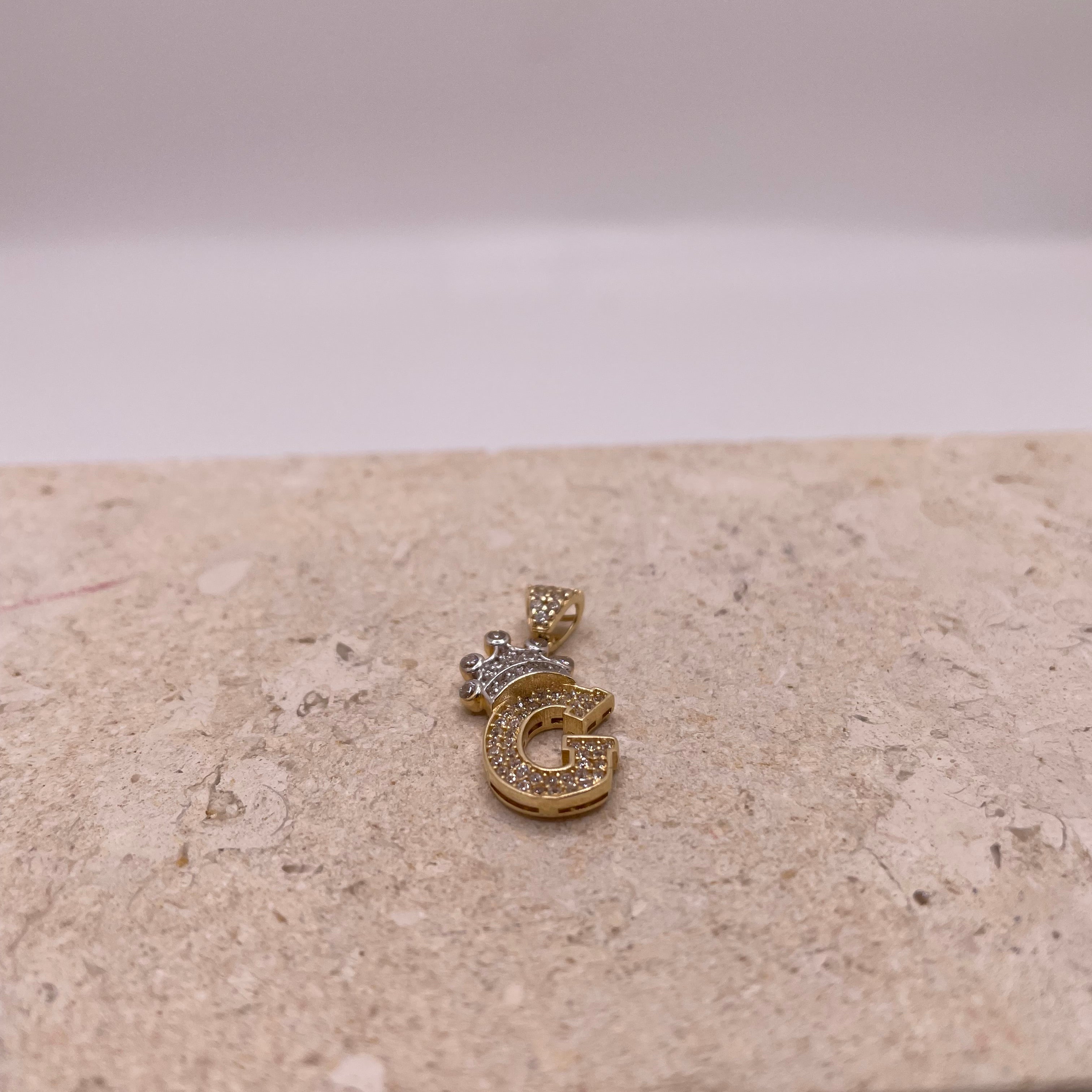 14k gold "g" initial pendant with crown and cz stones