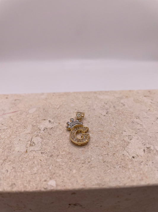 14k gold "g" initial pendant with crown and cz stones