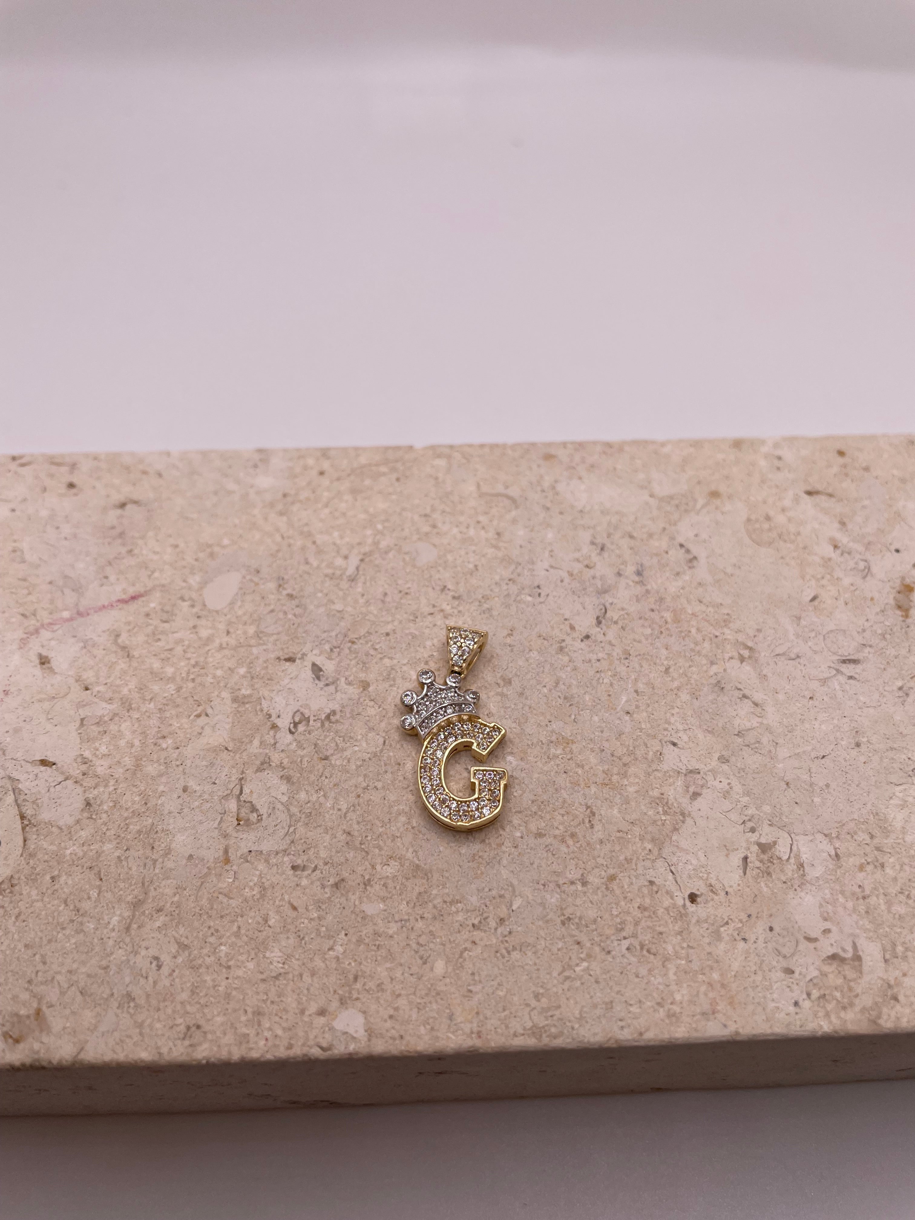 14k gold "g" initial pendant with crown and cz stones