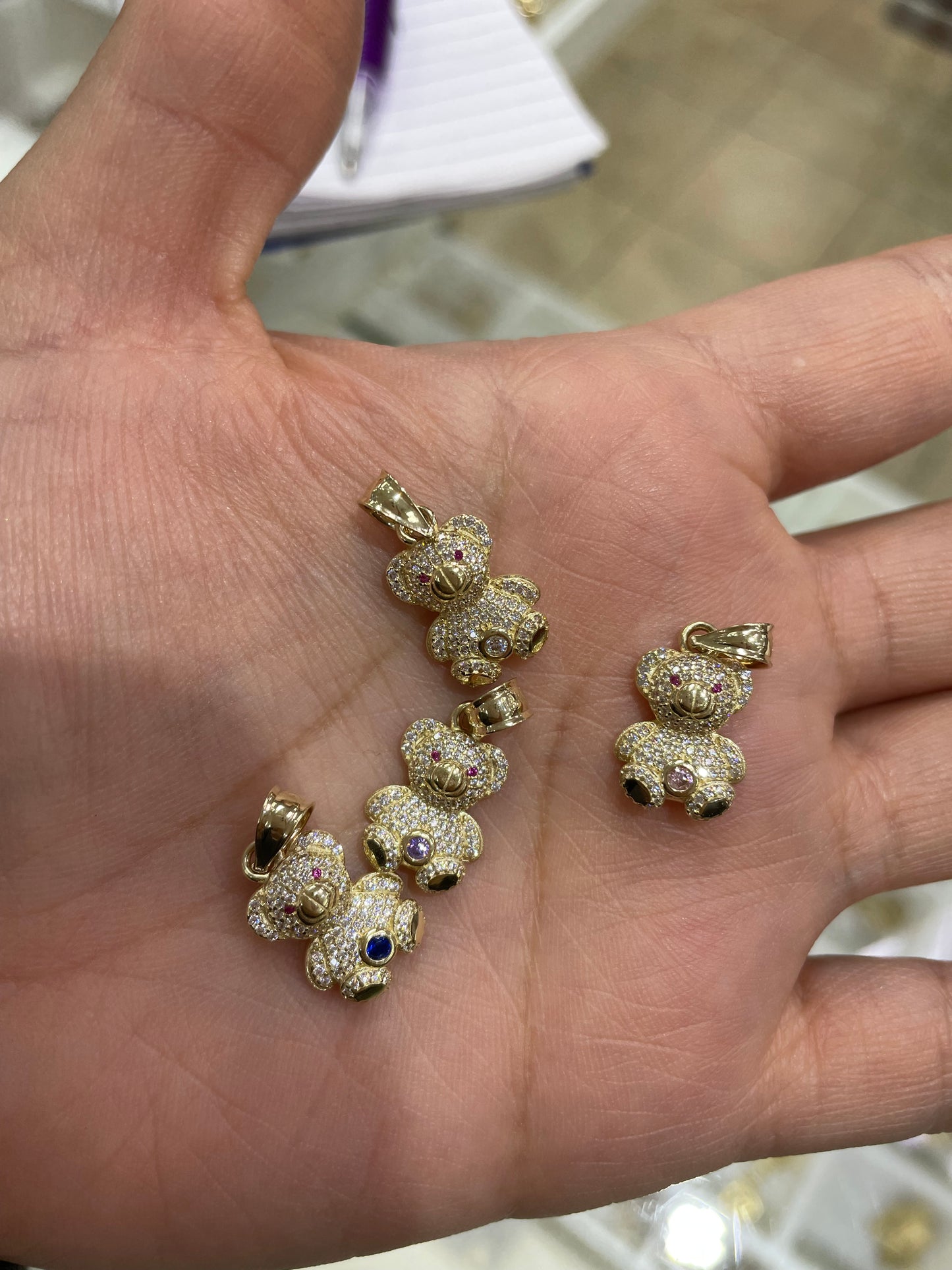 14k gold 3d teddy bear pendant with cz stones (small)