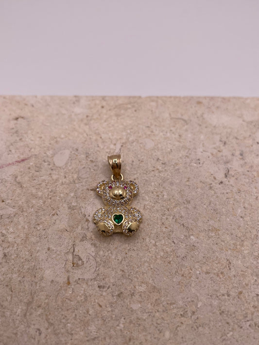 14k gold 3d teddy bear pendant with cz stones (medium)