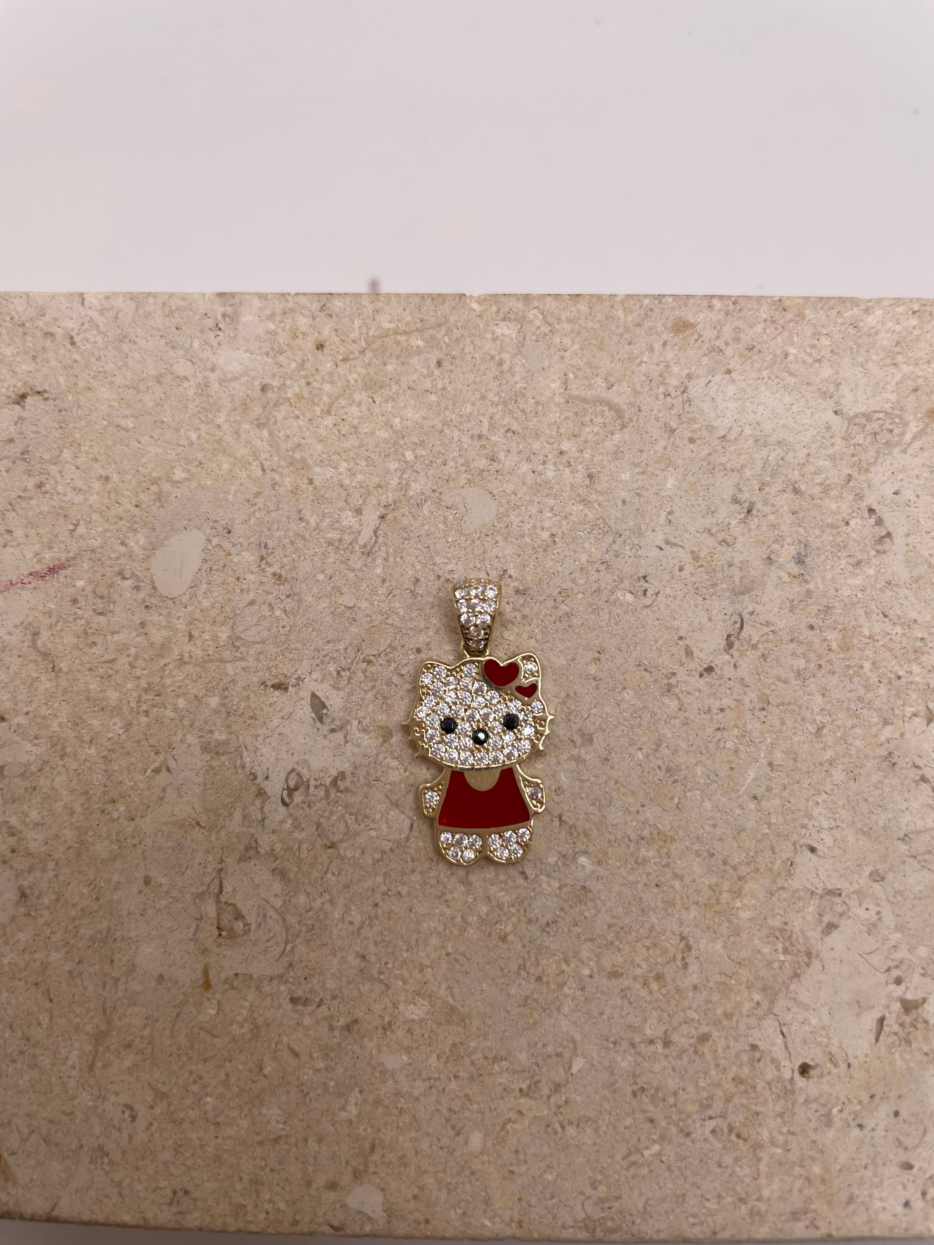 14k gold hello kitty cz pendant (pink/red)
